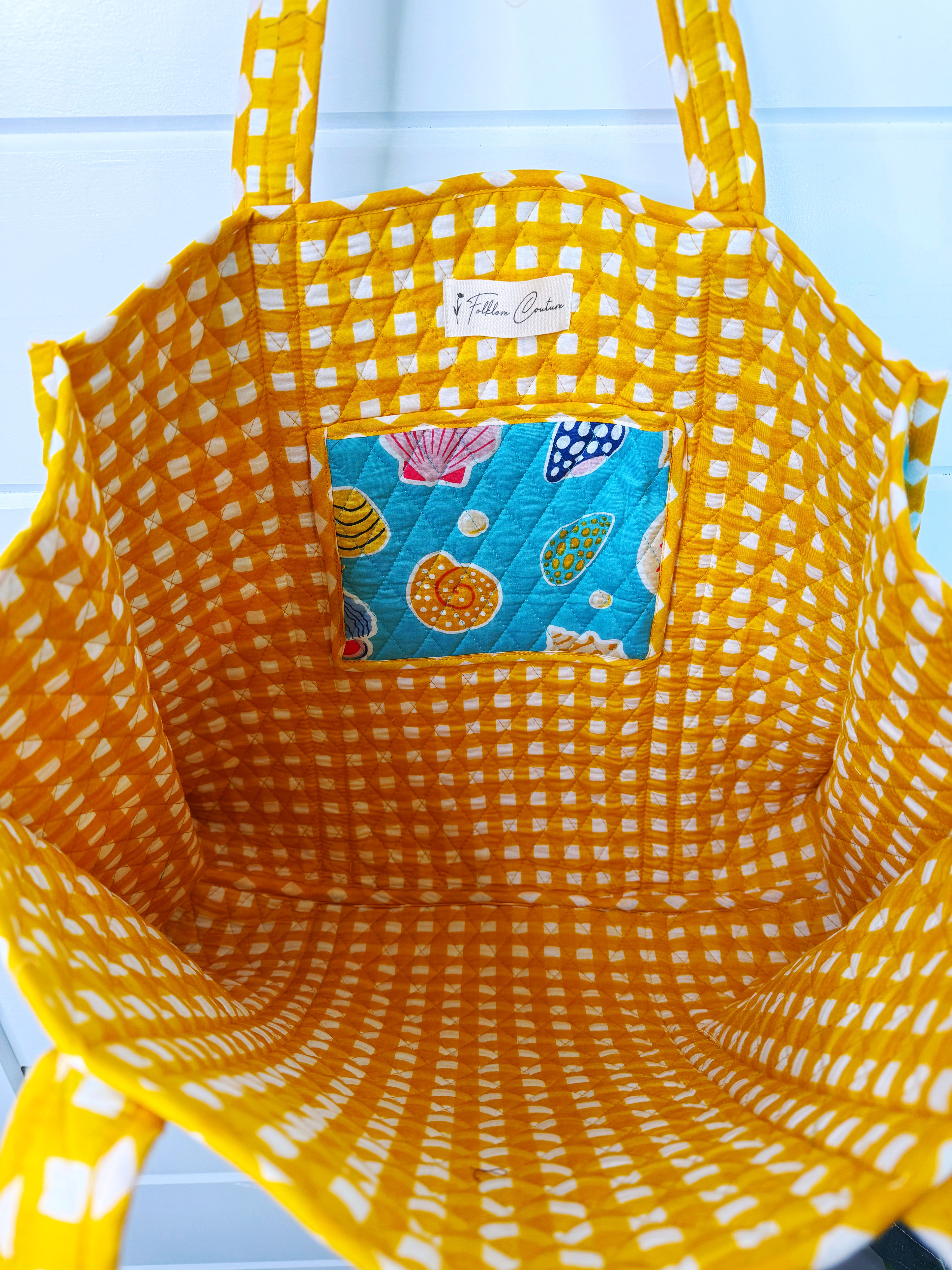 Quilted Large Tote Bag - Aqua Seashell Print