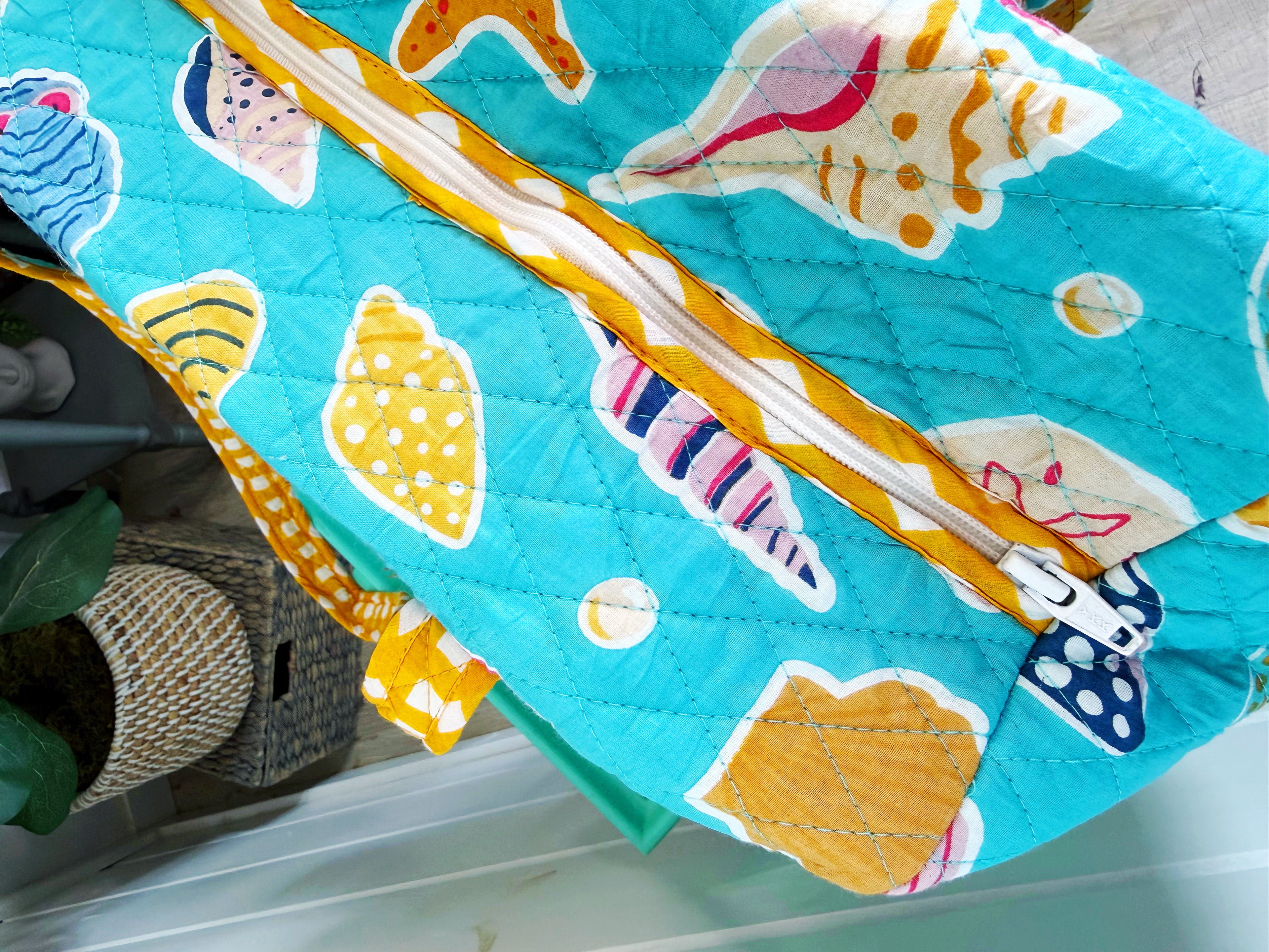 Quilted Weekender Overnight Bag - Aqua Seashell Print