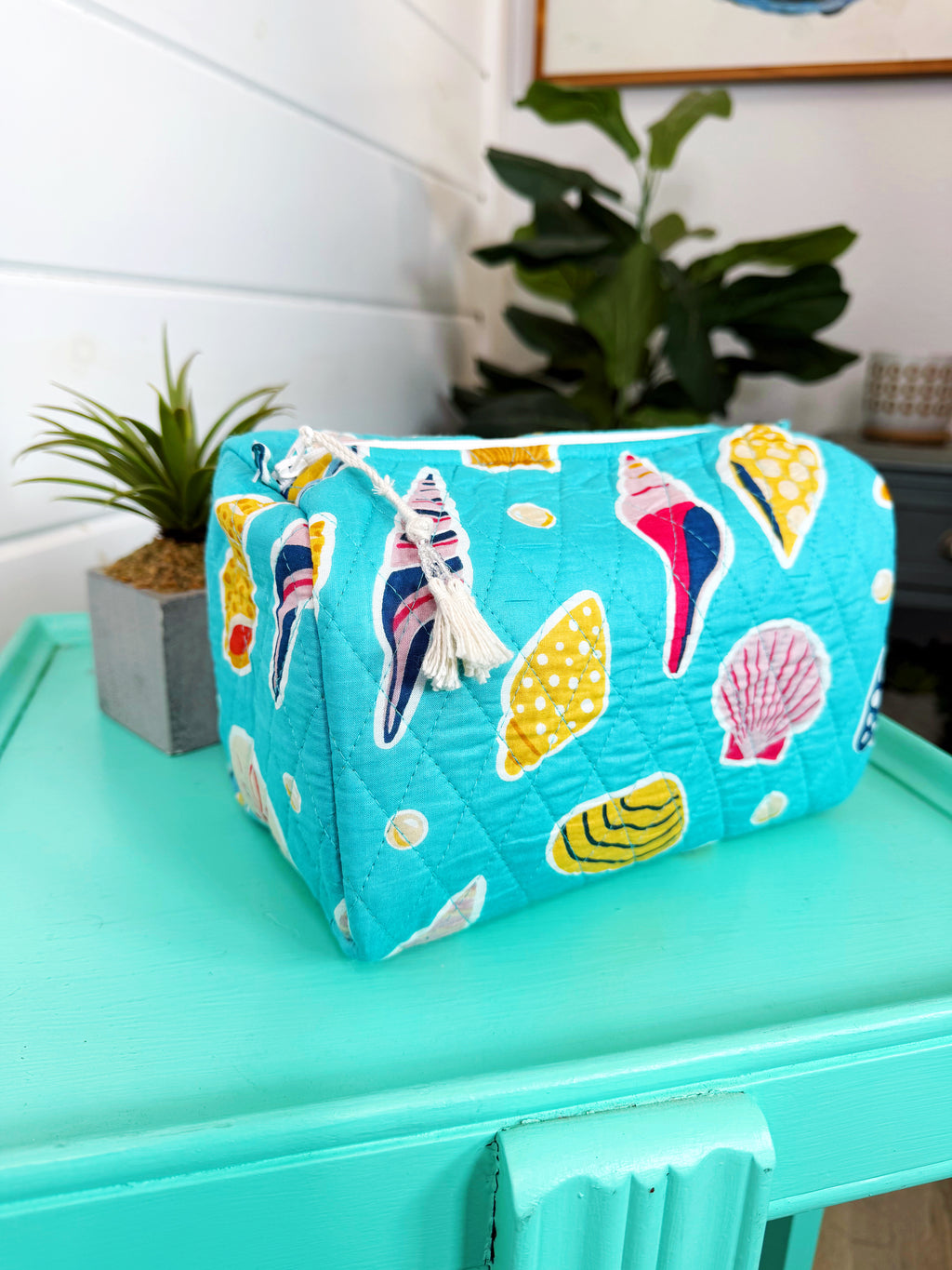 Quilted Cosmetics Toiletry Bag - Aqua Seashell Print