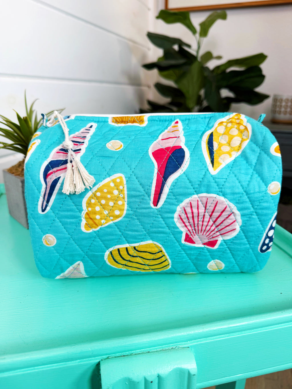 Quilted Cosmetics Toiletry Bag - Aqua Seashell Print
