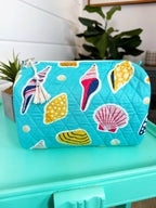 Quilted Cosmetics Toiletry Bag - Aqua Seashell Print