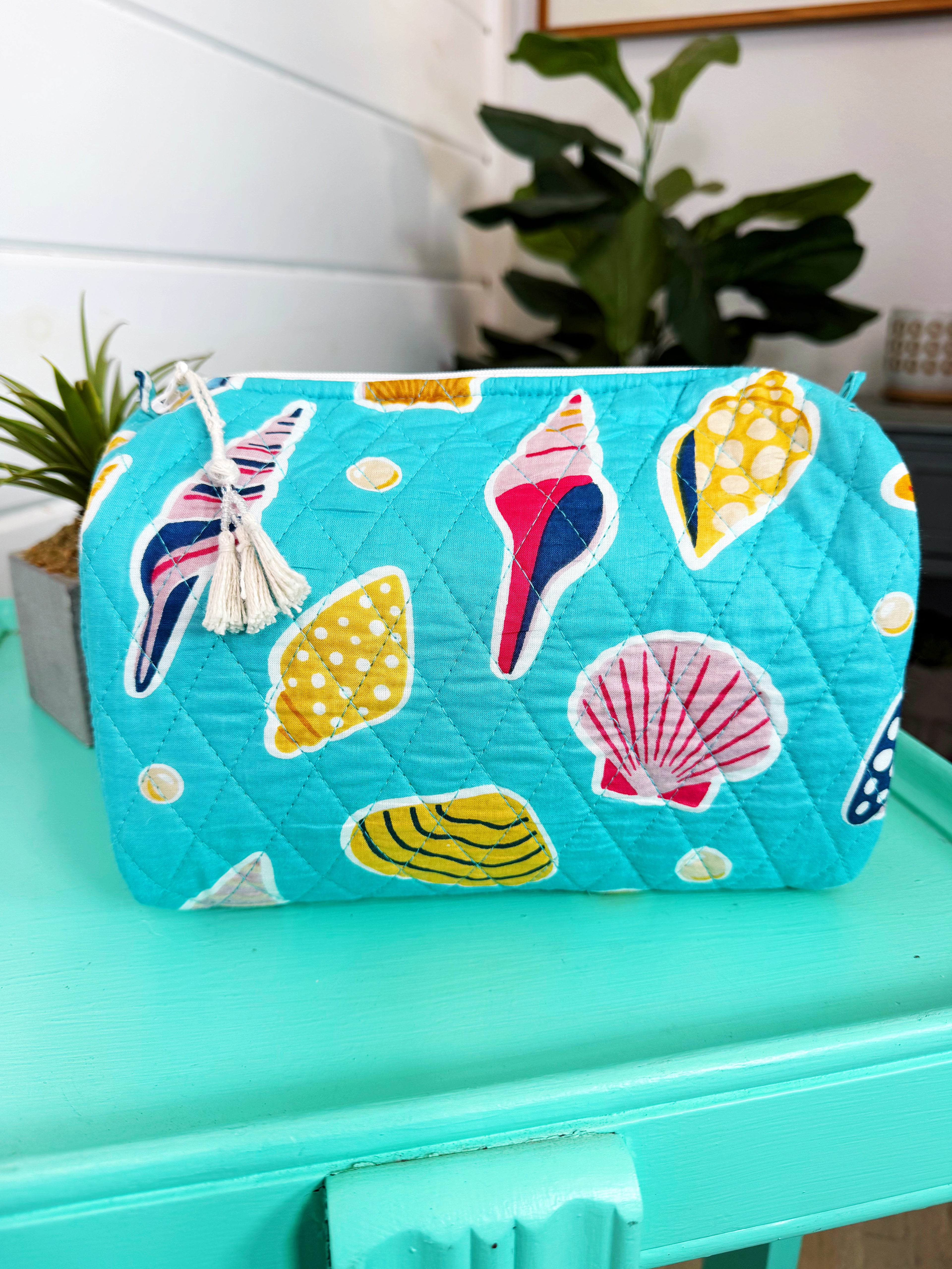 Quilted Cosmetics Toiletry Bag - Aqua Seashell Print