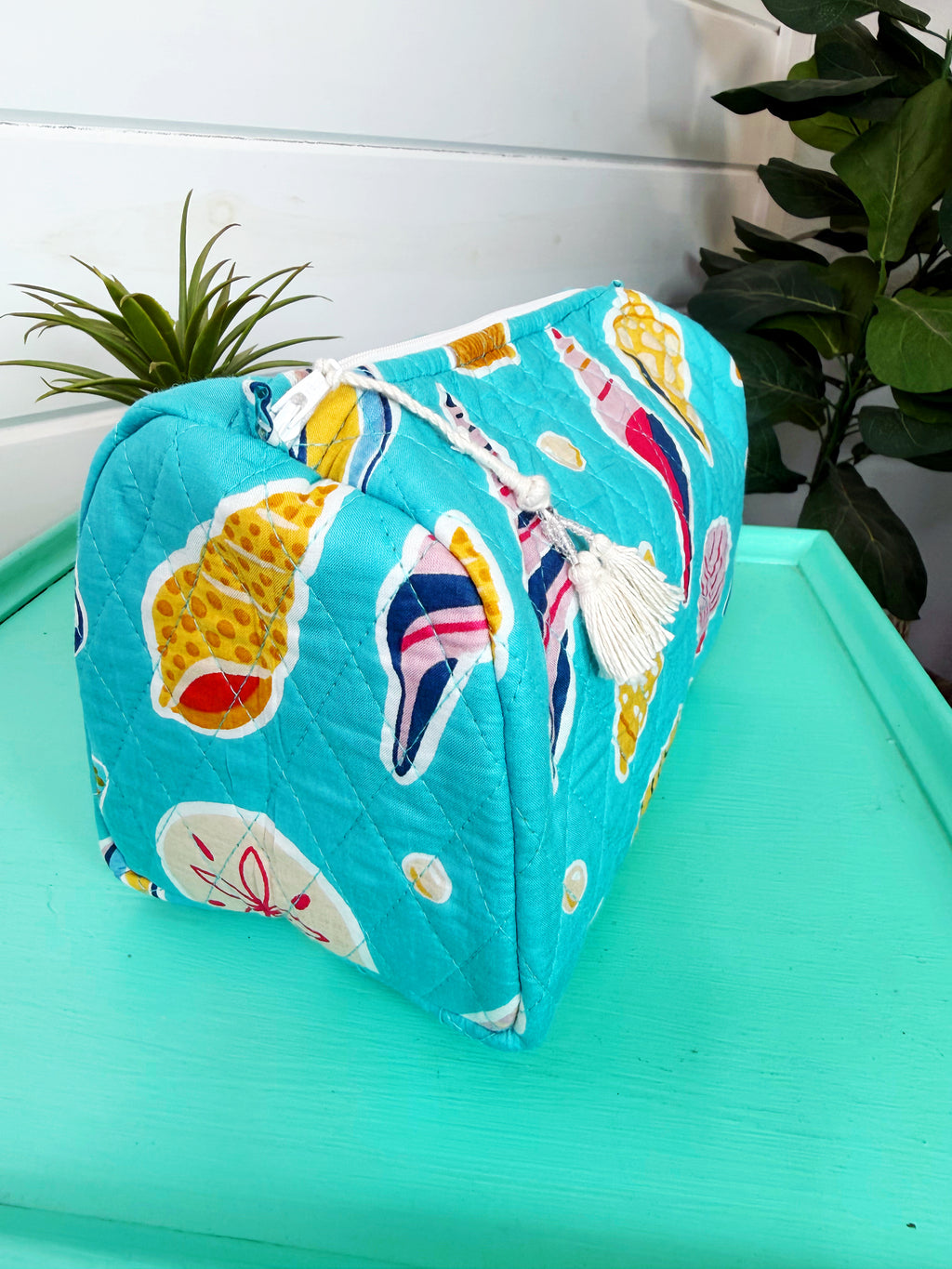 Quilted Cosmetics Toiletry Bag - Aqua Seashell Print