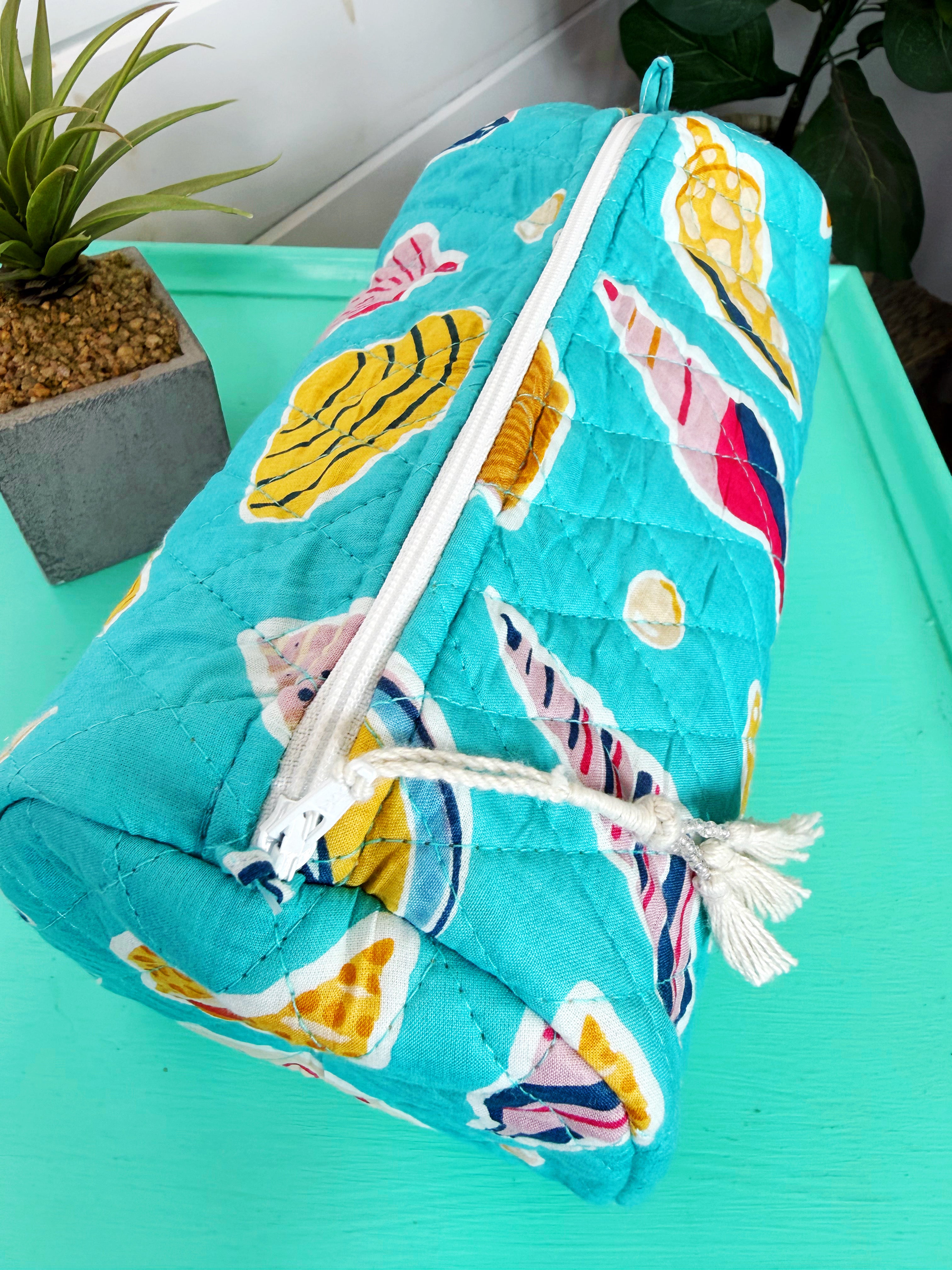 Quilted Cosmetics Toiletry Bag - Aqua Seashell Print