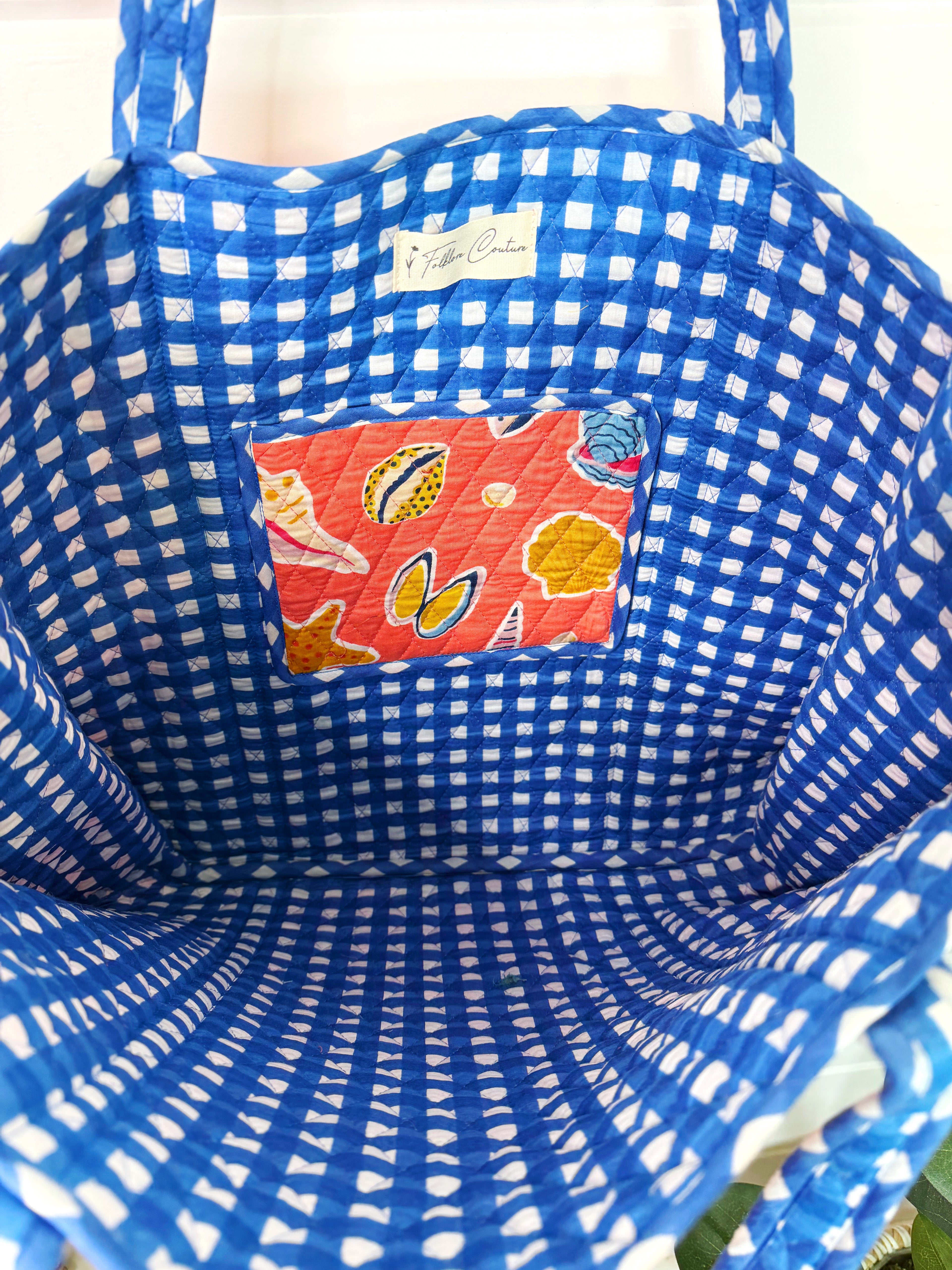 Quilted Large Tote Bag - Coral Seashell Print