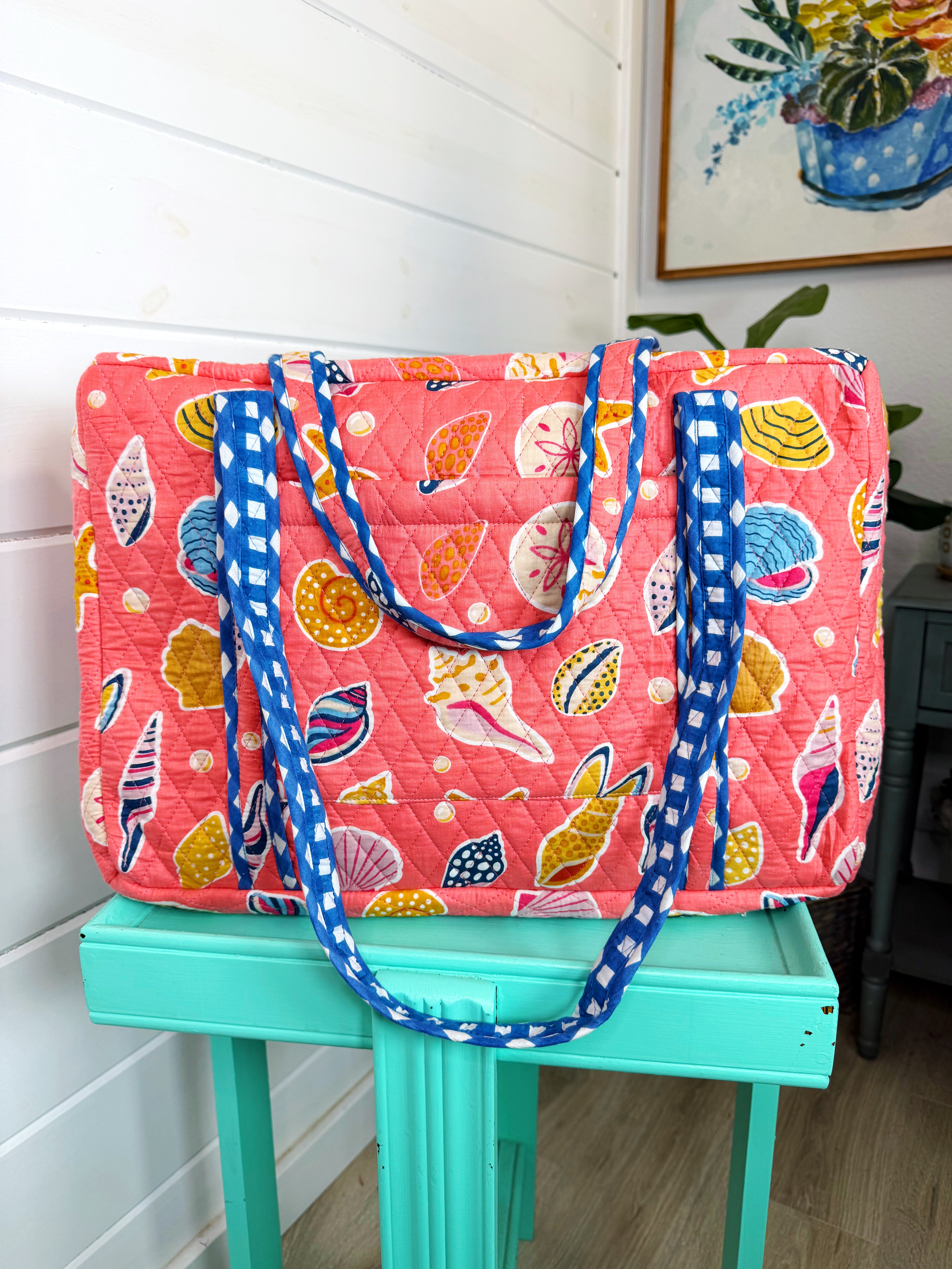 Quilted Weekender Overnight Bag - Coral Seashell Print