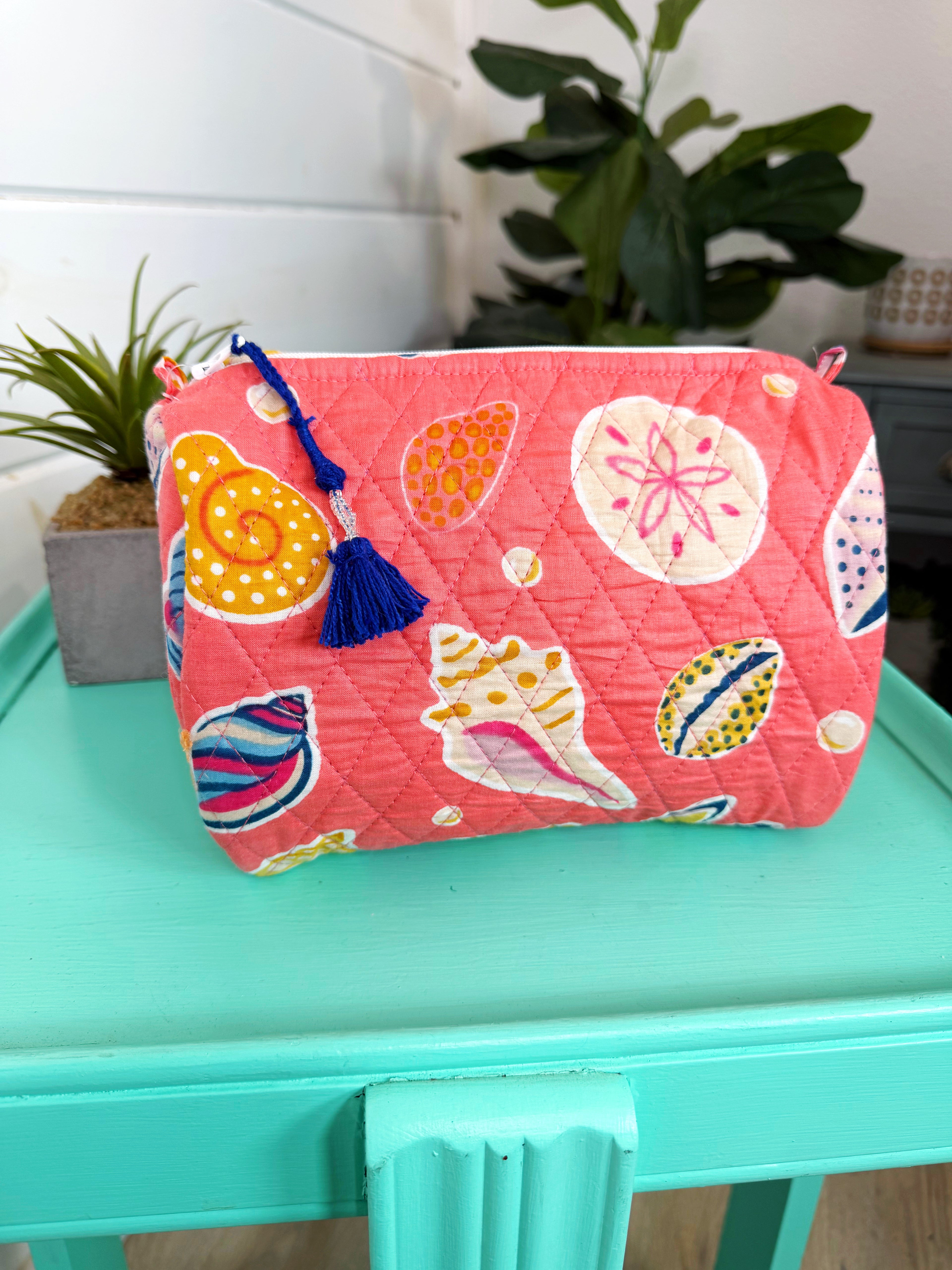 Quilted Cosmetics Toiletry Bag - Coral Seashell Print