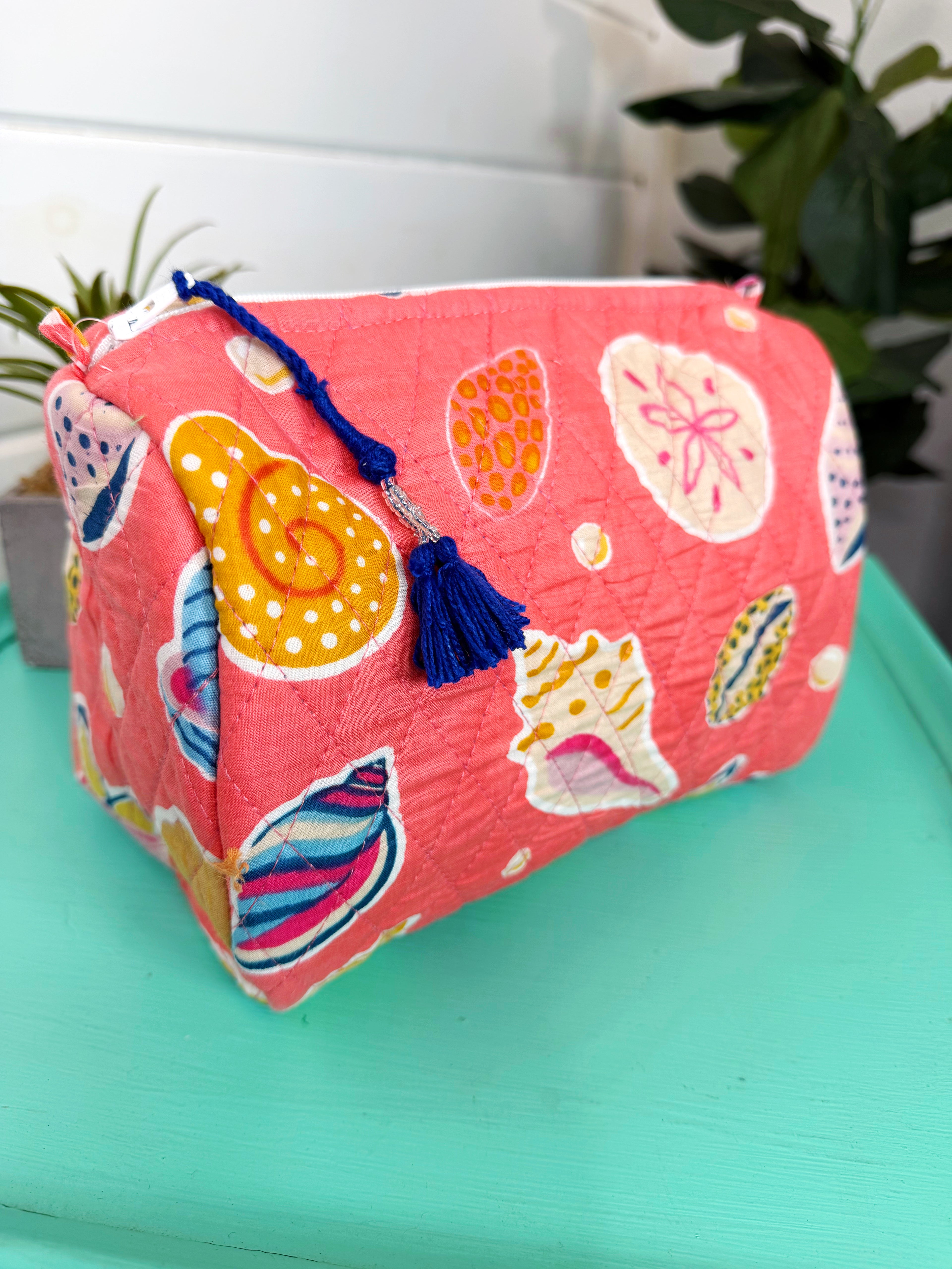 Quilted Cosmetics Toiletry Bag - Coral Seashell Print