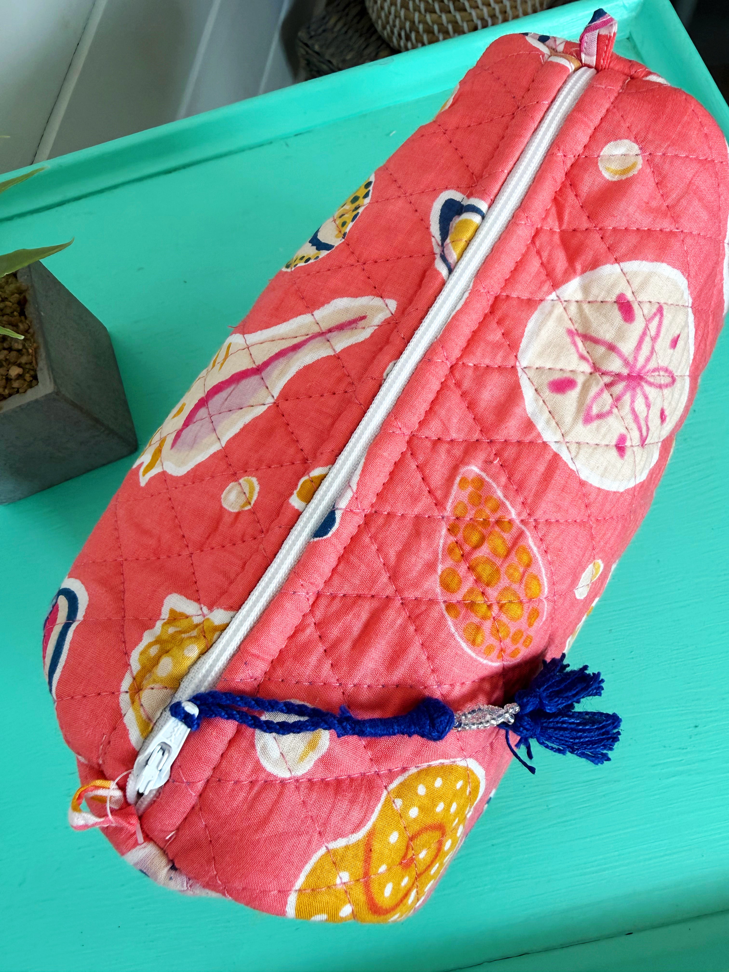 Quilted Cosmetics Toiletry Bag - Coral Seashell Print