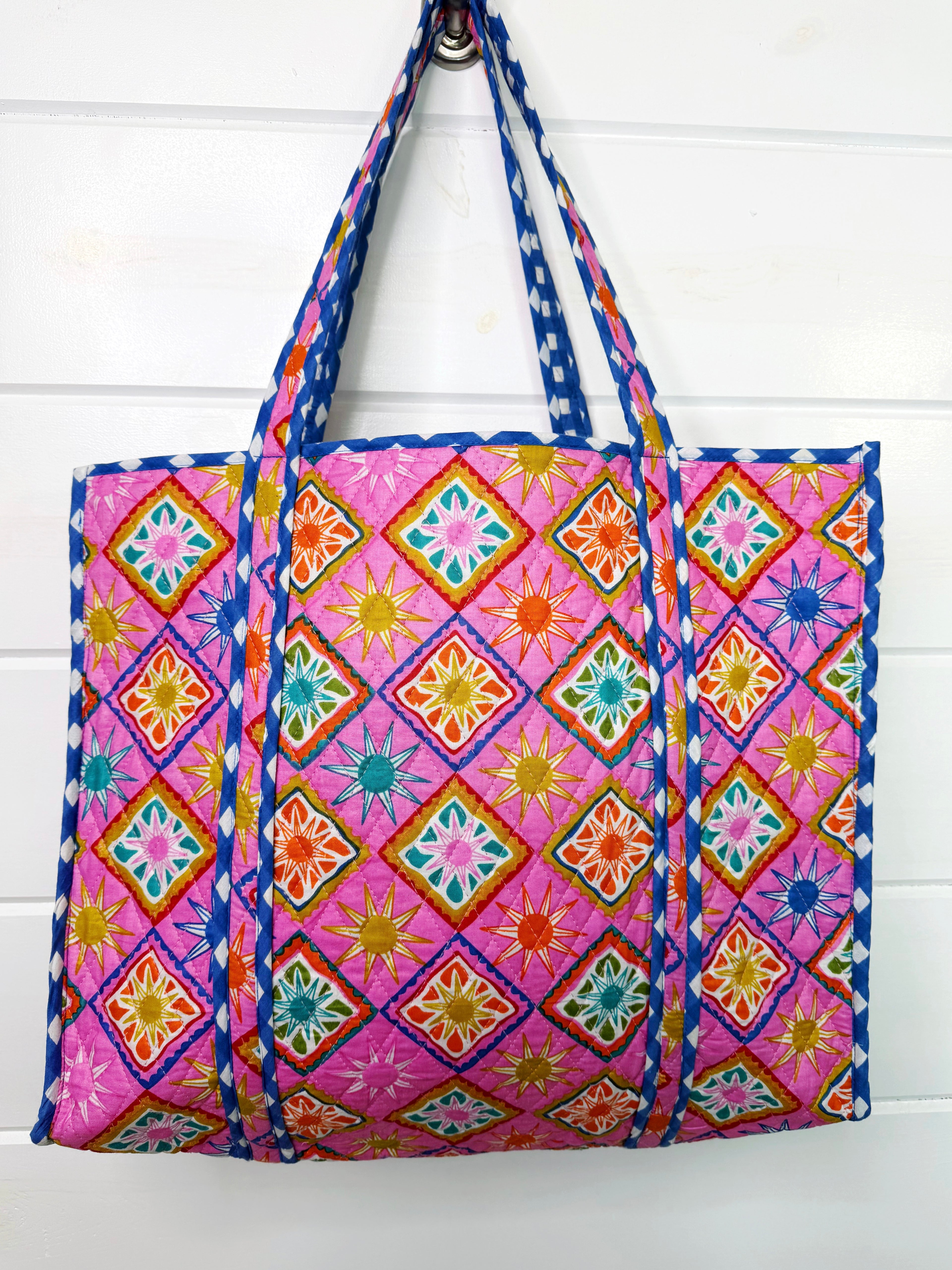 Quilted Cotton Reversible Large Tote Bag - Pink Sunshine