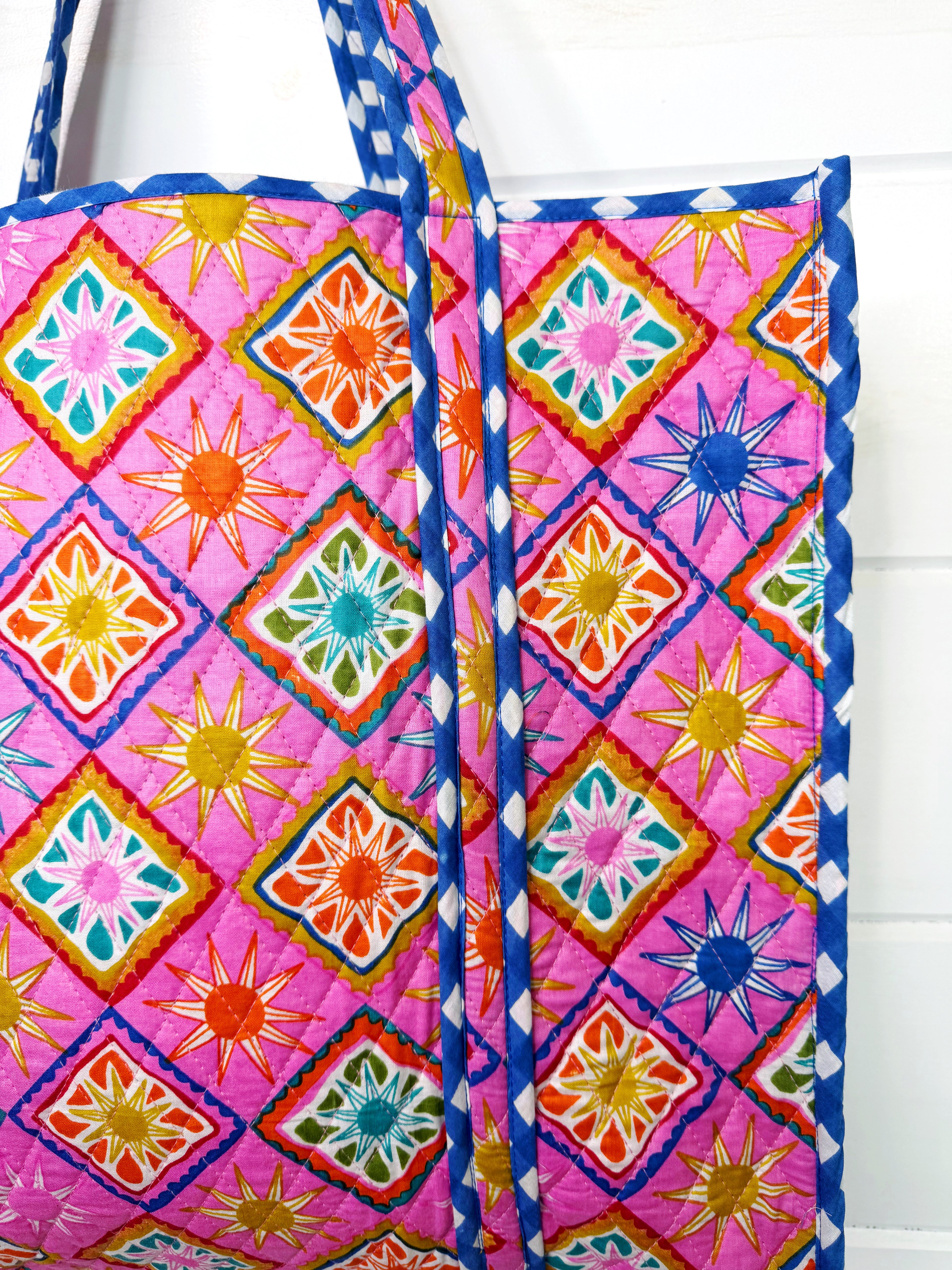 Quilted Cotton Reversible Large Tote Bag - Pink Sunshine