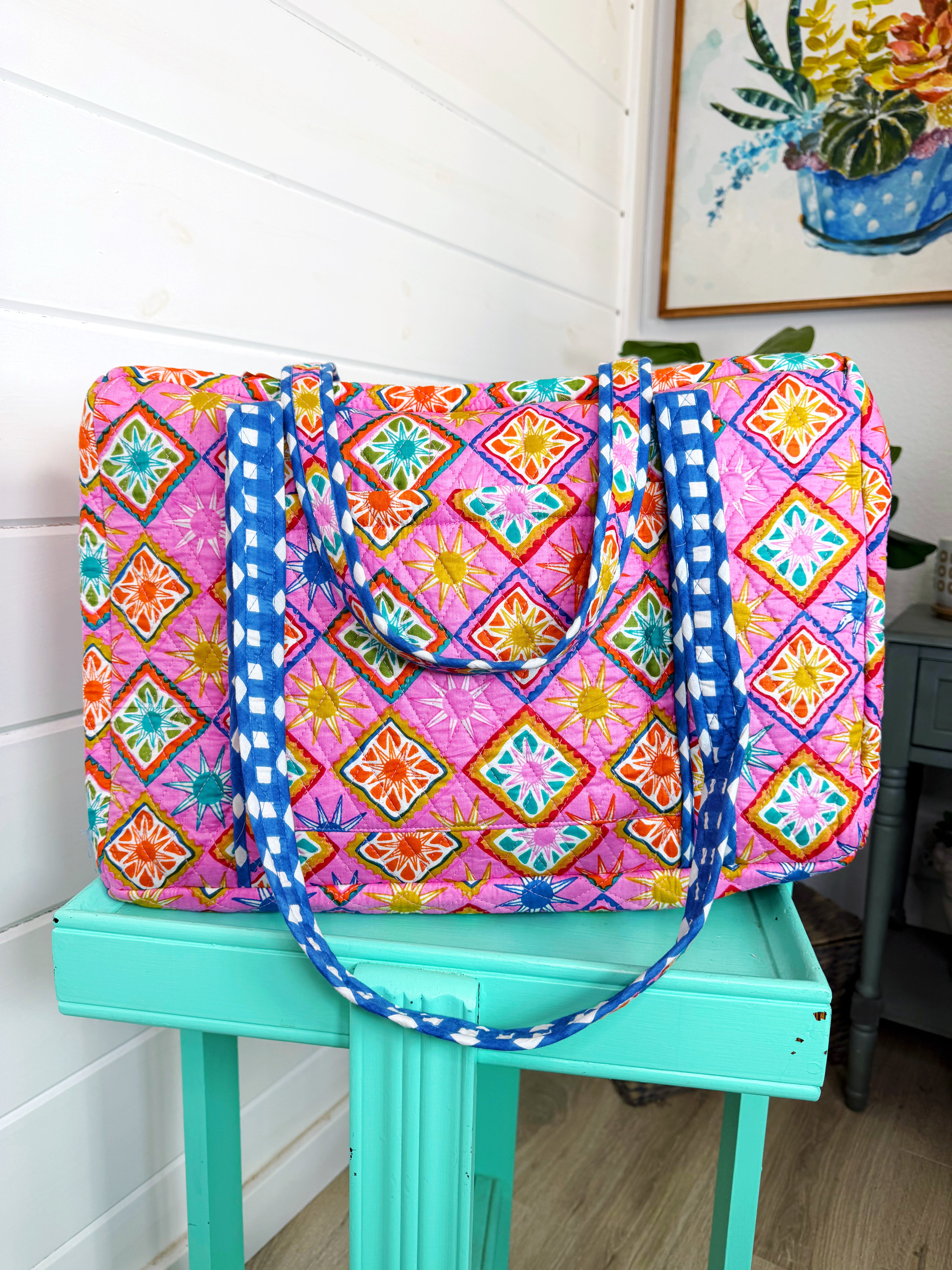Quilted Weekender Duffle Overnight Bag - Pink Sunshine