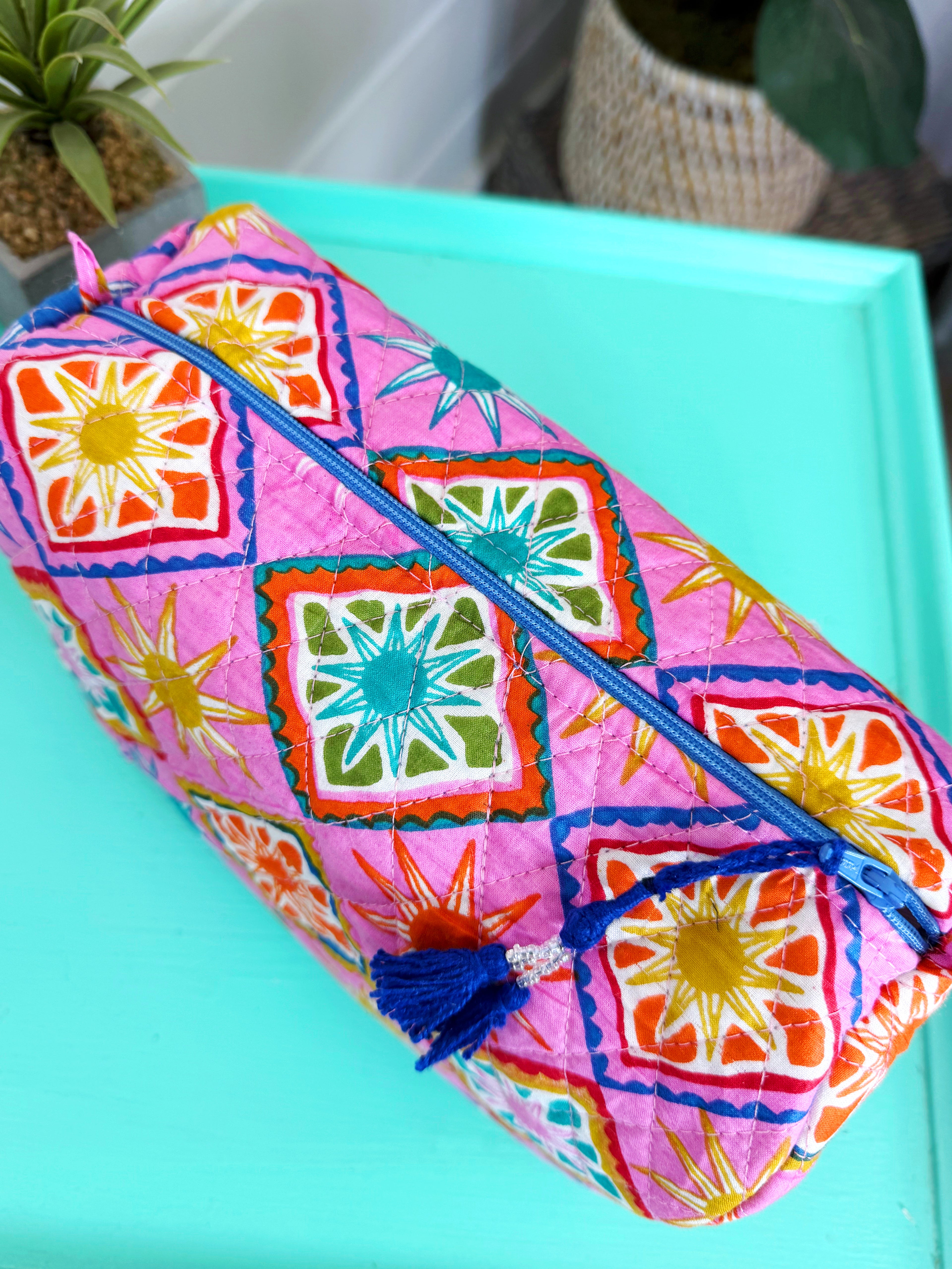 Quilted Makeup Cosmetics Toiletry Bag - Pink Sunshine