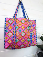 Quilted Cotton Reversible Large Tote Bag - Pink Sunshine