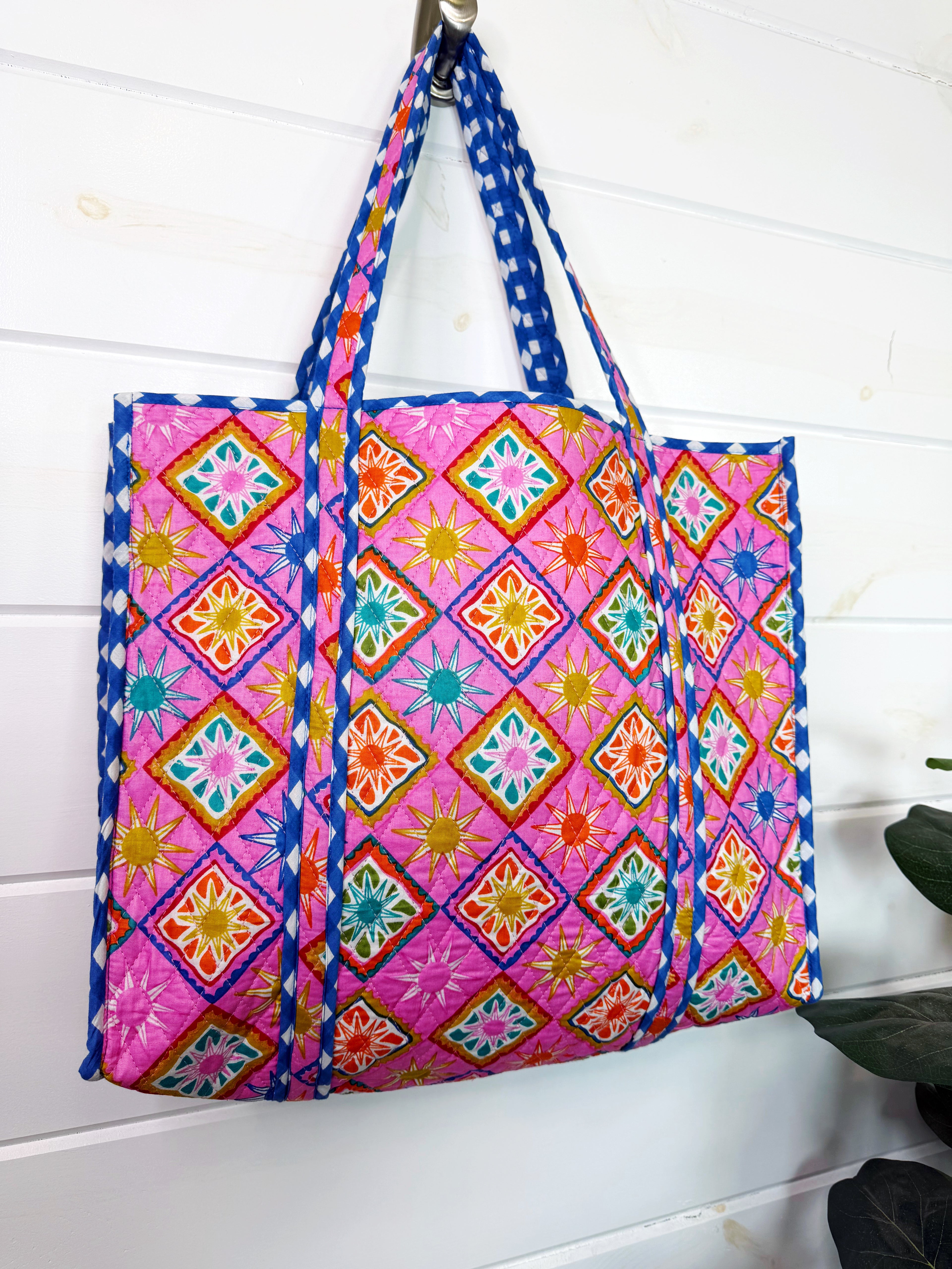 Quilted Cotton Reversible Large Tote Bag - Pink Sunshine