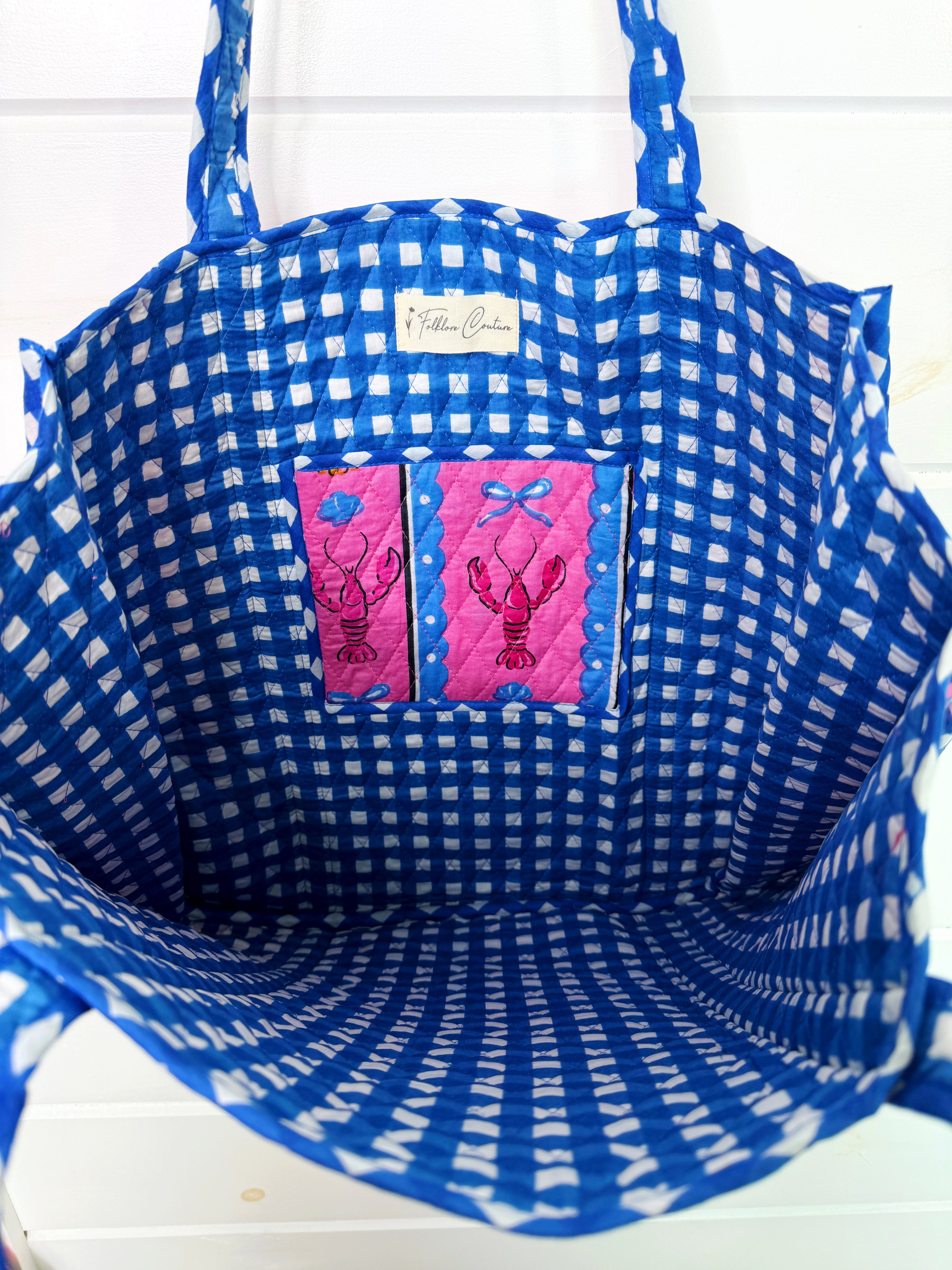 Quilted Cotton Reversible Large Tote Bag - Pink Lobster Print