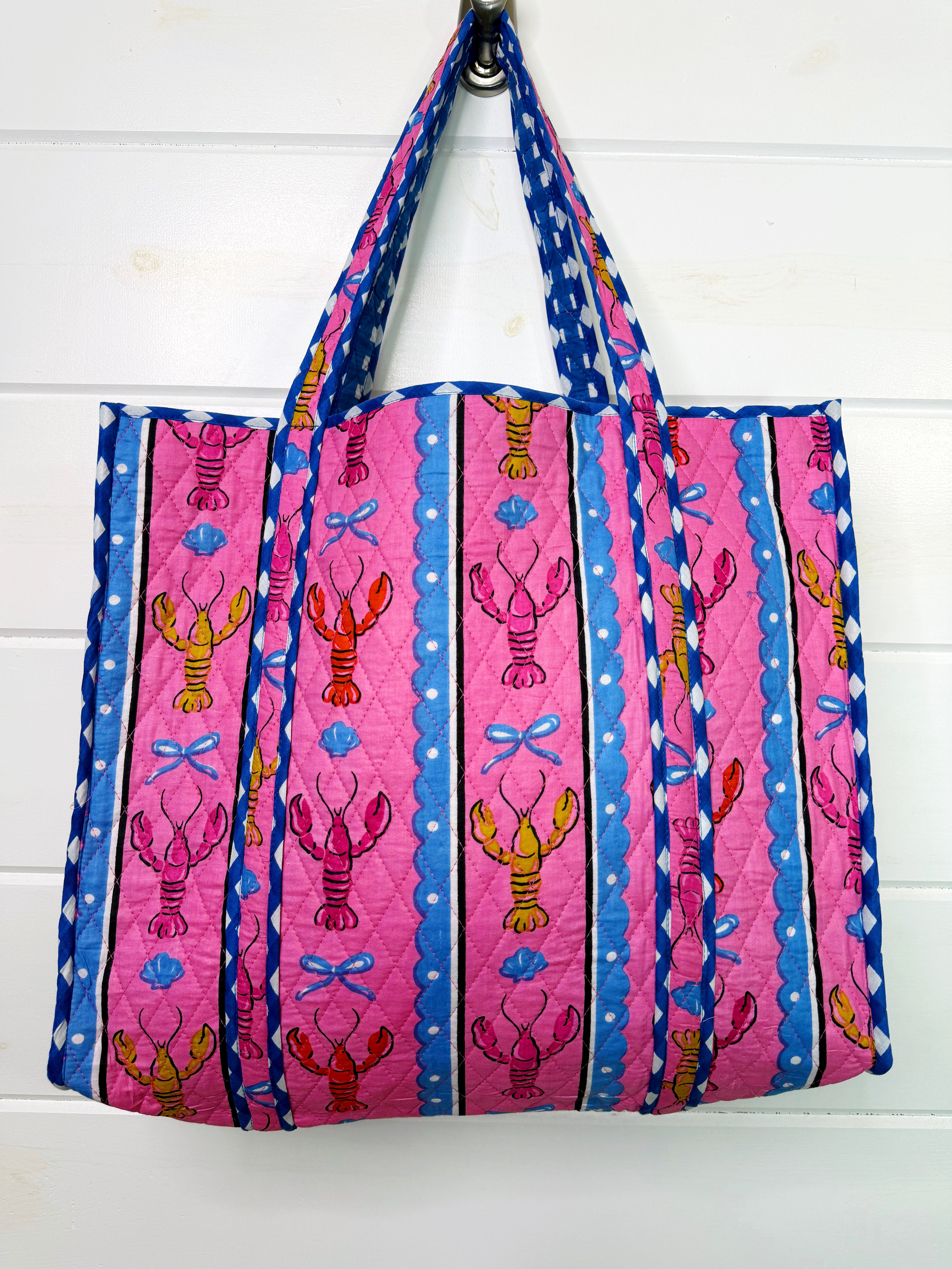 Quilted Cotton Reversible Large Tote Bag - Pink Lobster Print
