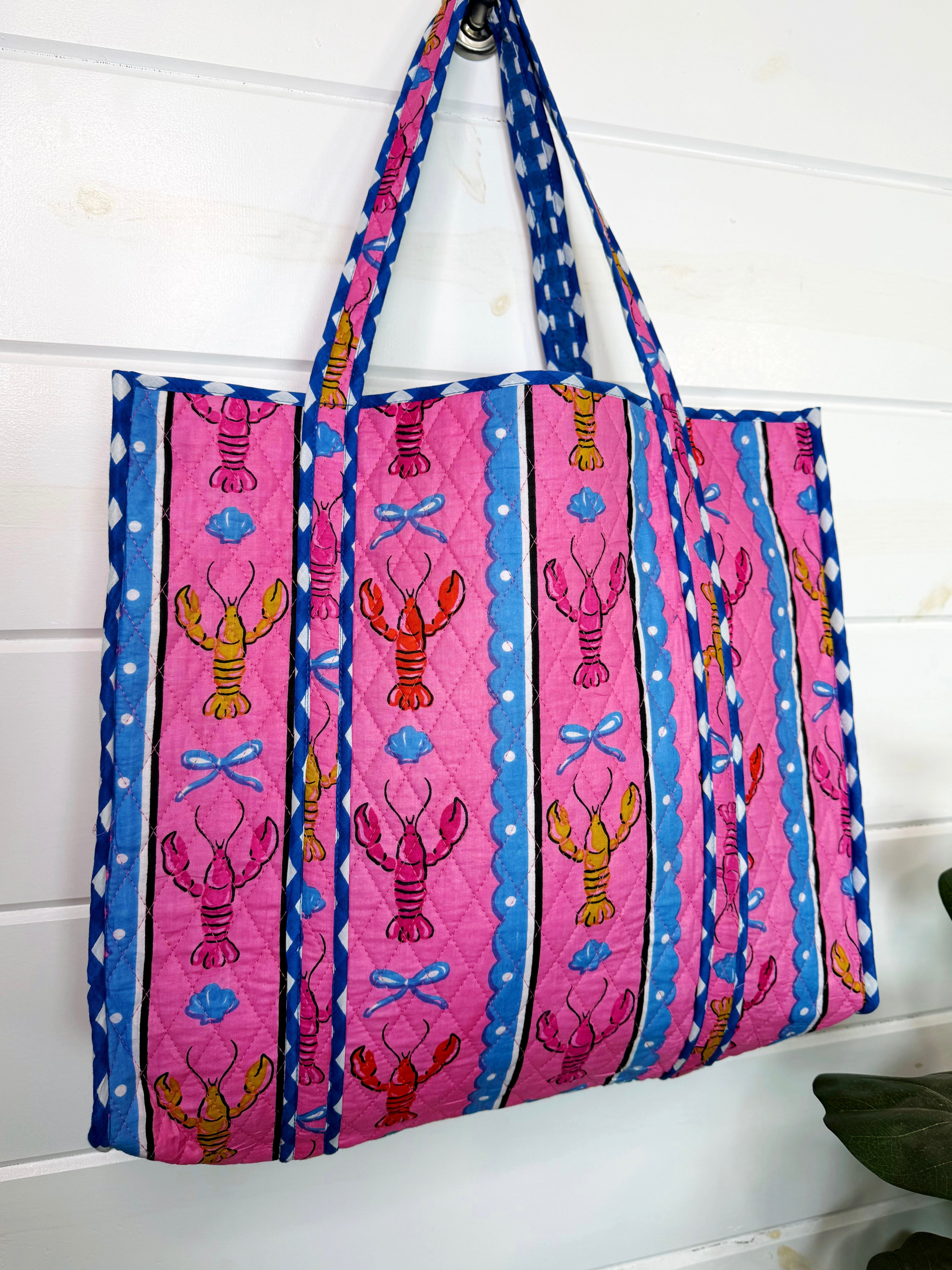 Quilted Cotton Reversible Large Tote Bag - Pink Lobster Print