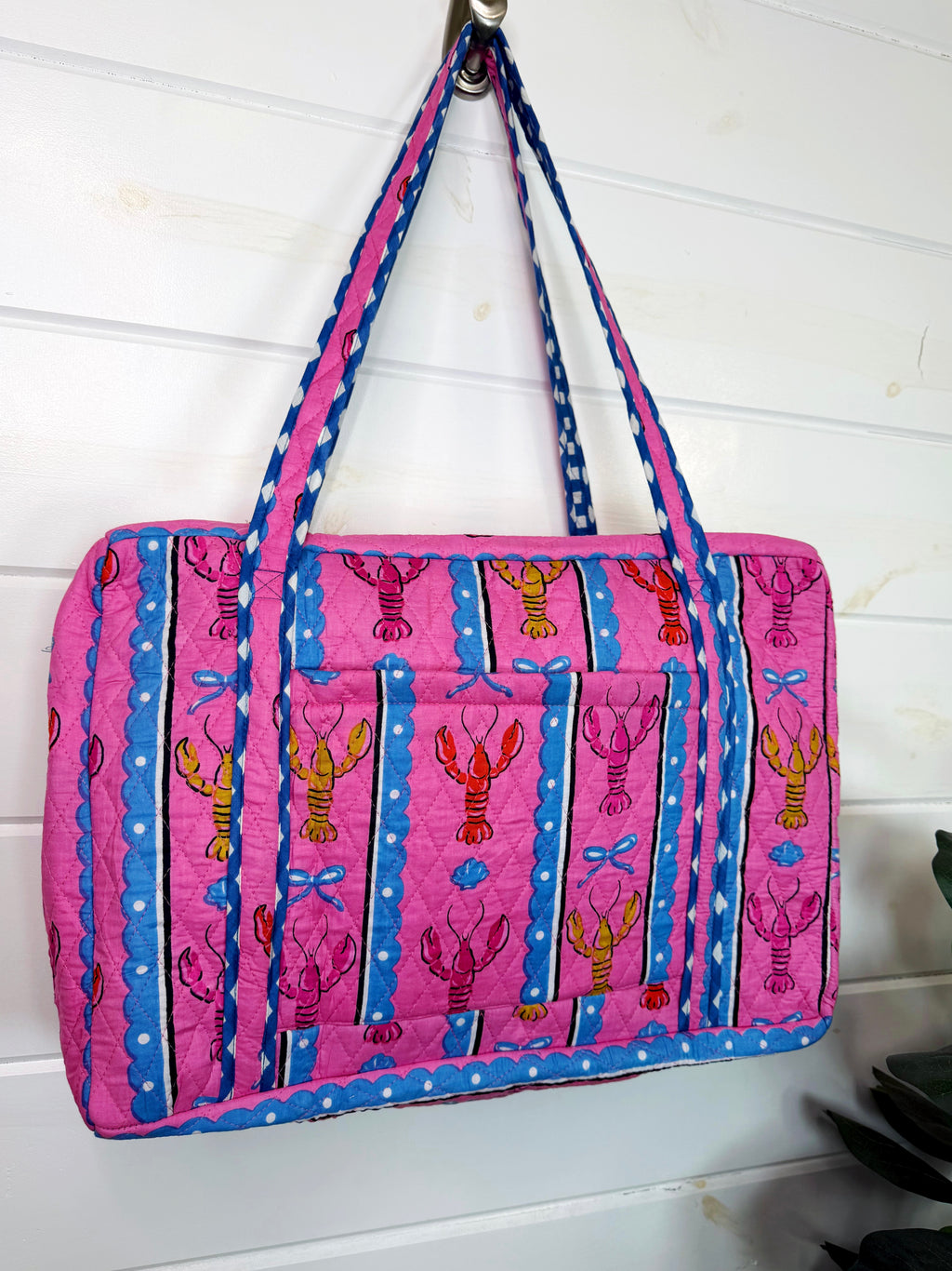 Quilted Weekender Duffle Overnight Bag - Pink Lobster Print