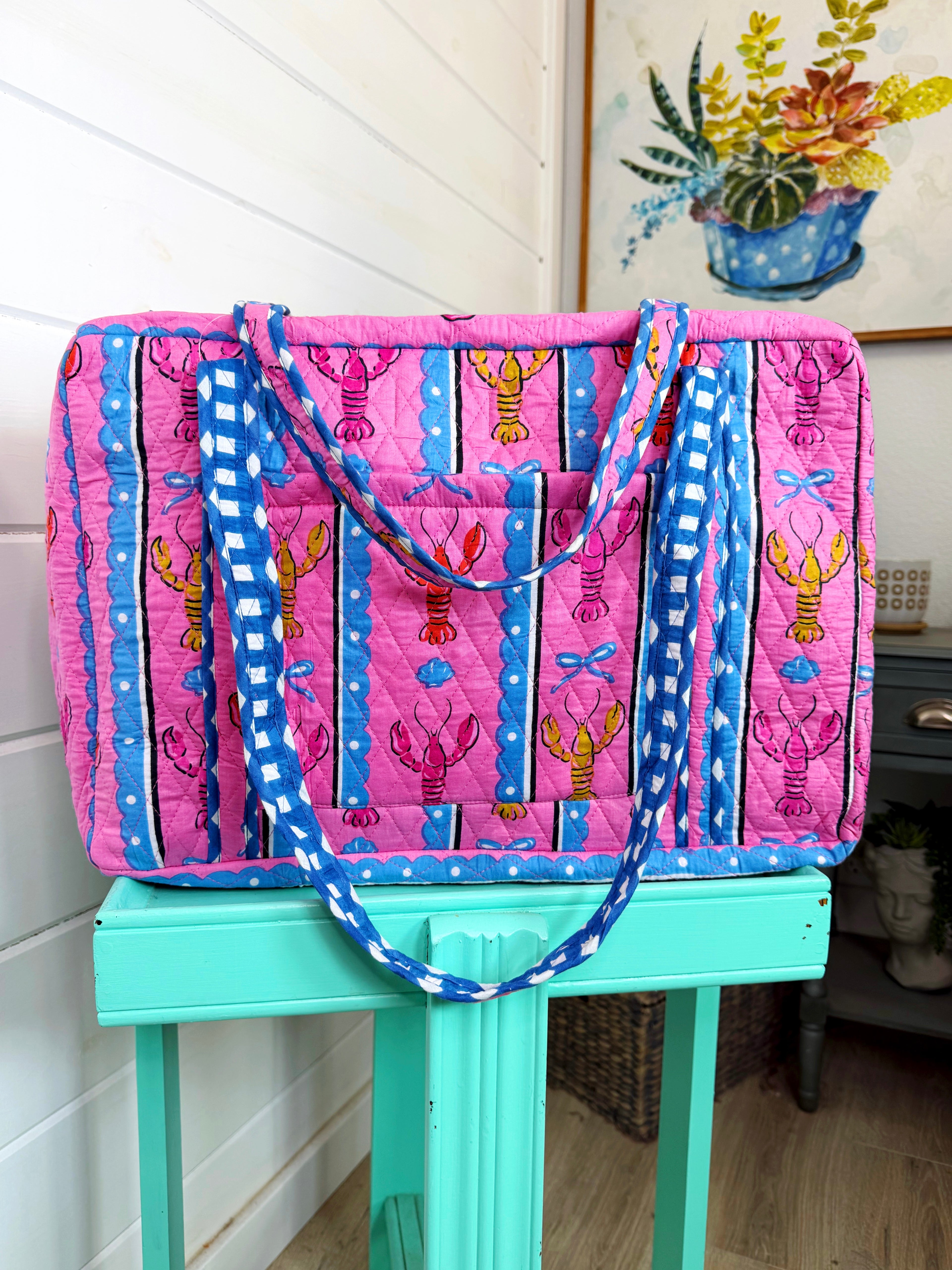 Quilted Weekender Duffle Overnight Bag - Pink Lobster Print