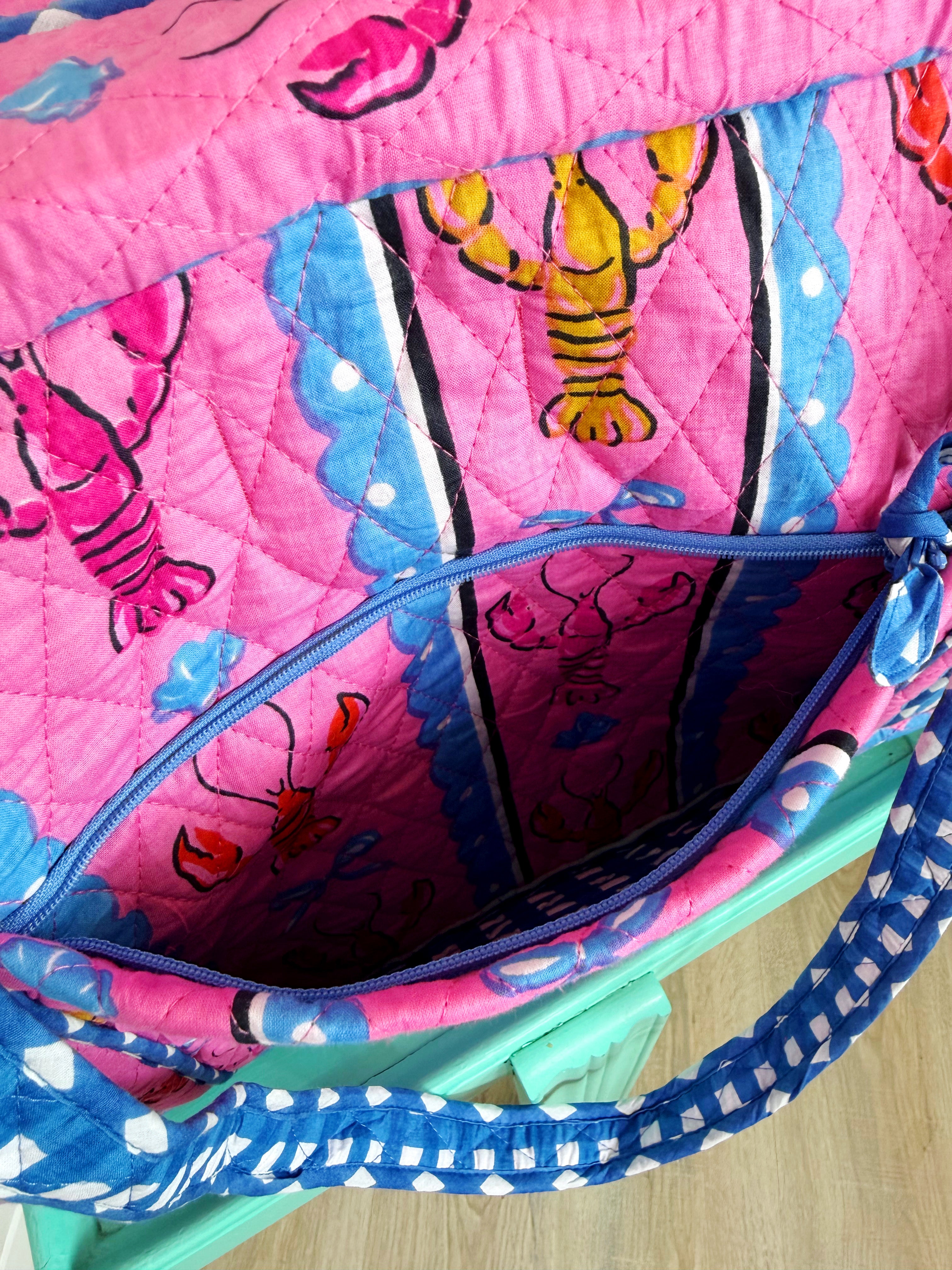 Quilted Weekender Duffle Overnight Bag - Pink Lobster Print