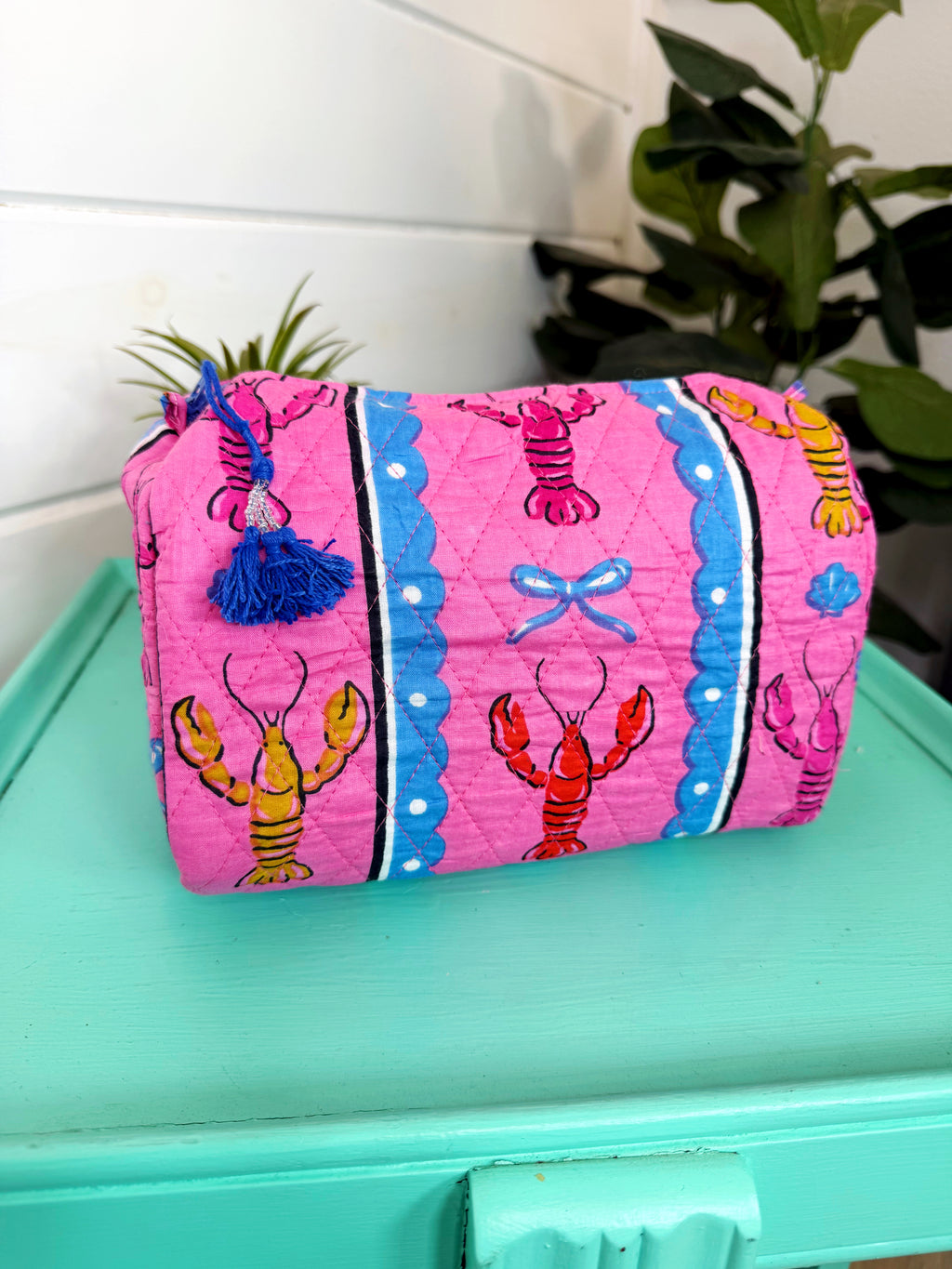 Quilted Makeup Cosmetics Toiletry Bag - Pink Lobster Print