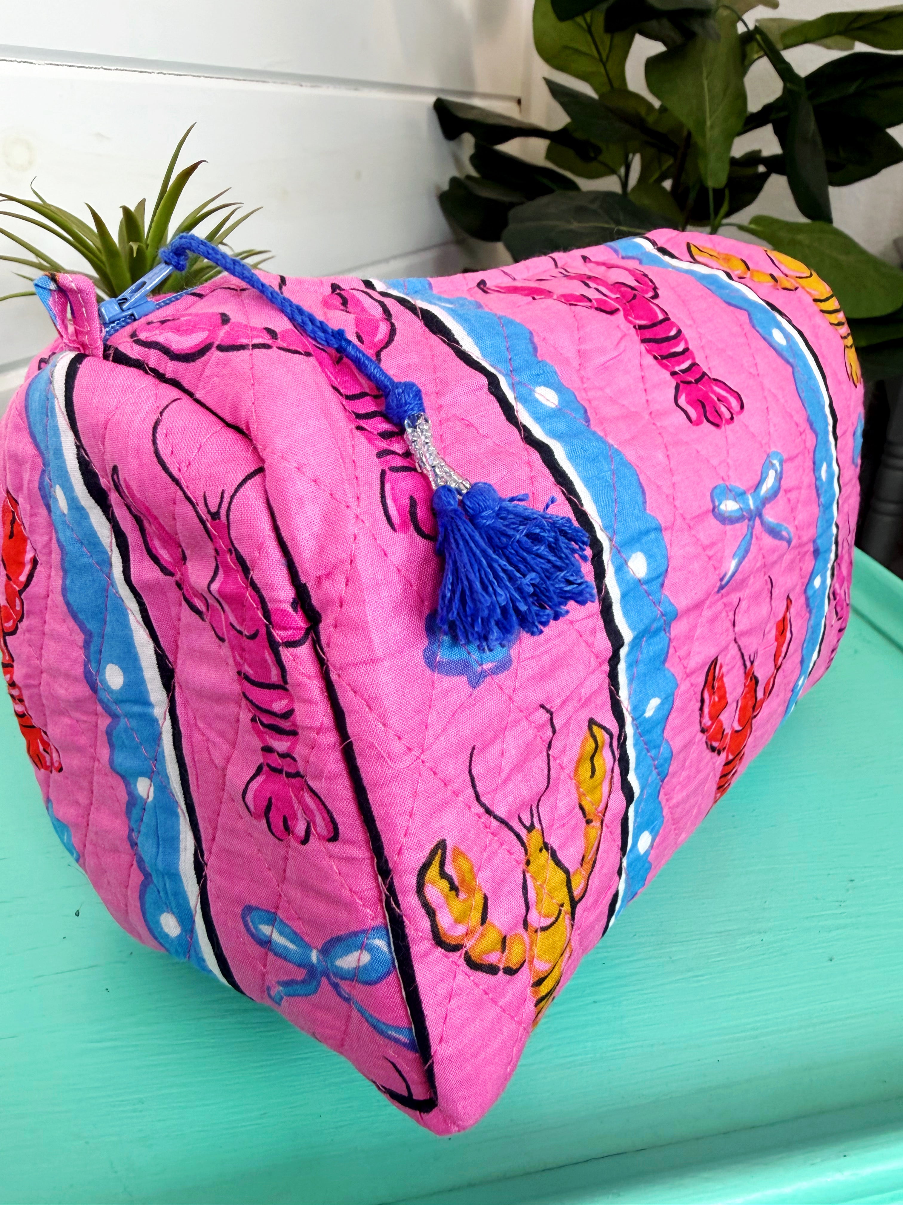 Quilted Makeup Cosmetics Toiletry Bag - Pink Lobster Print