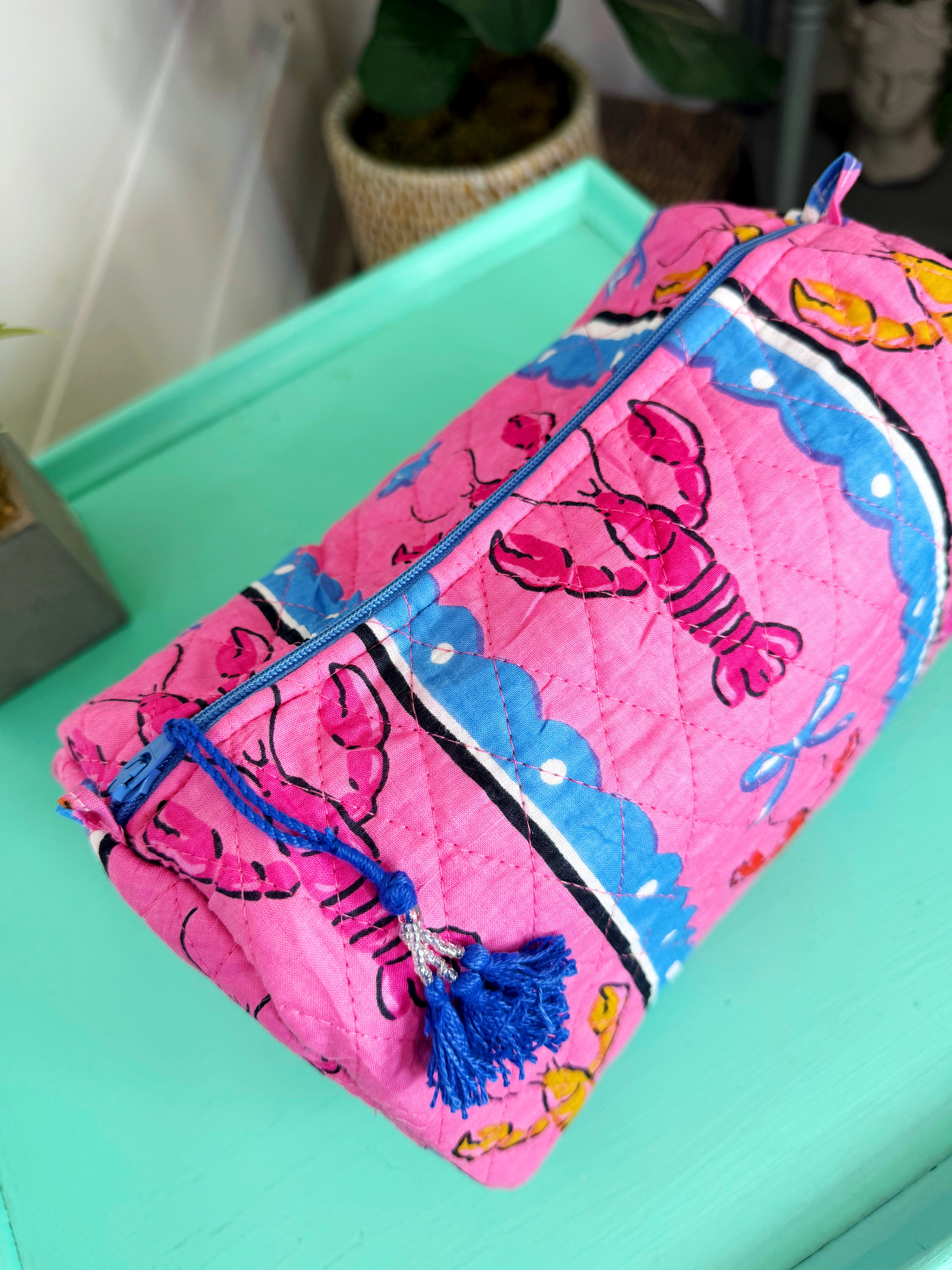 Quilted Makeup Cosmetics Toiletry Bag - Pink Lobster Print
