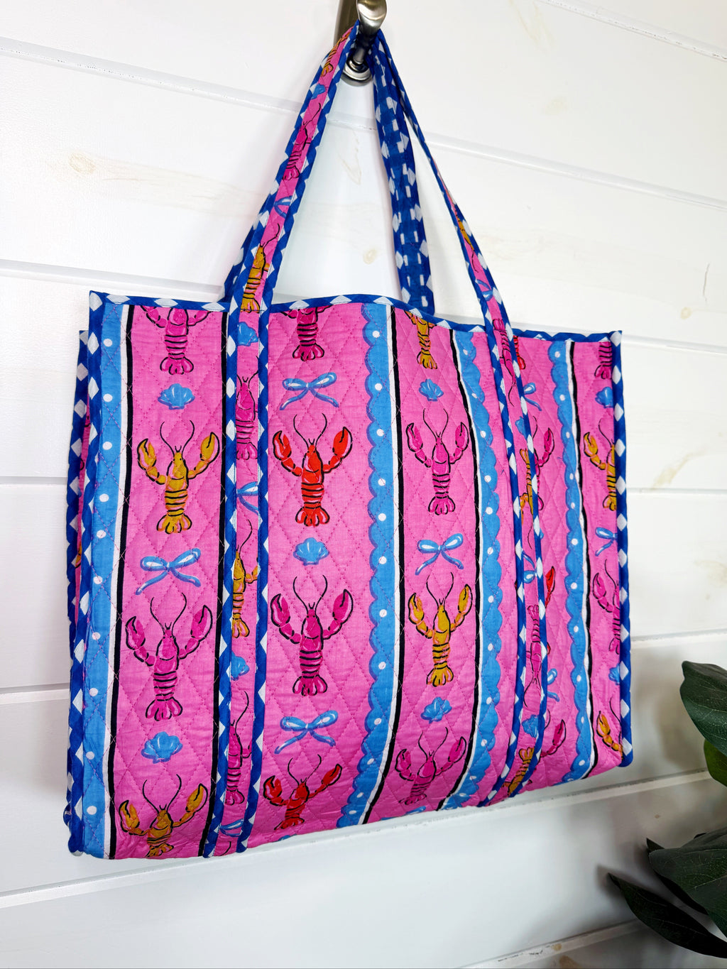 Quilted Cotton Reversible Large Tote Bag - Pink Lobster Print