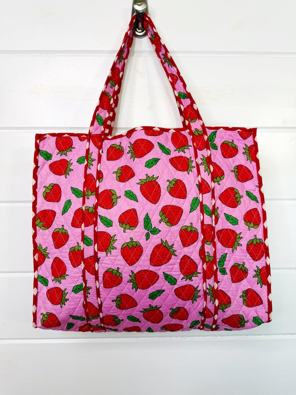 Quilted Cotton Reversible Large Tote Bag - Light Pink Strawberry Print