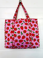 Quilted Cotton Reversible Large Tote Bag - Light Pink Strawberry Print
