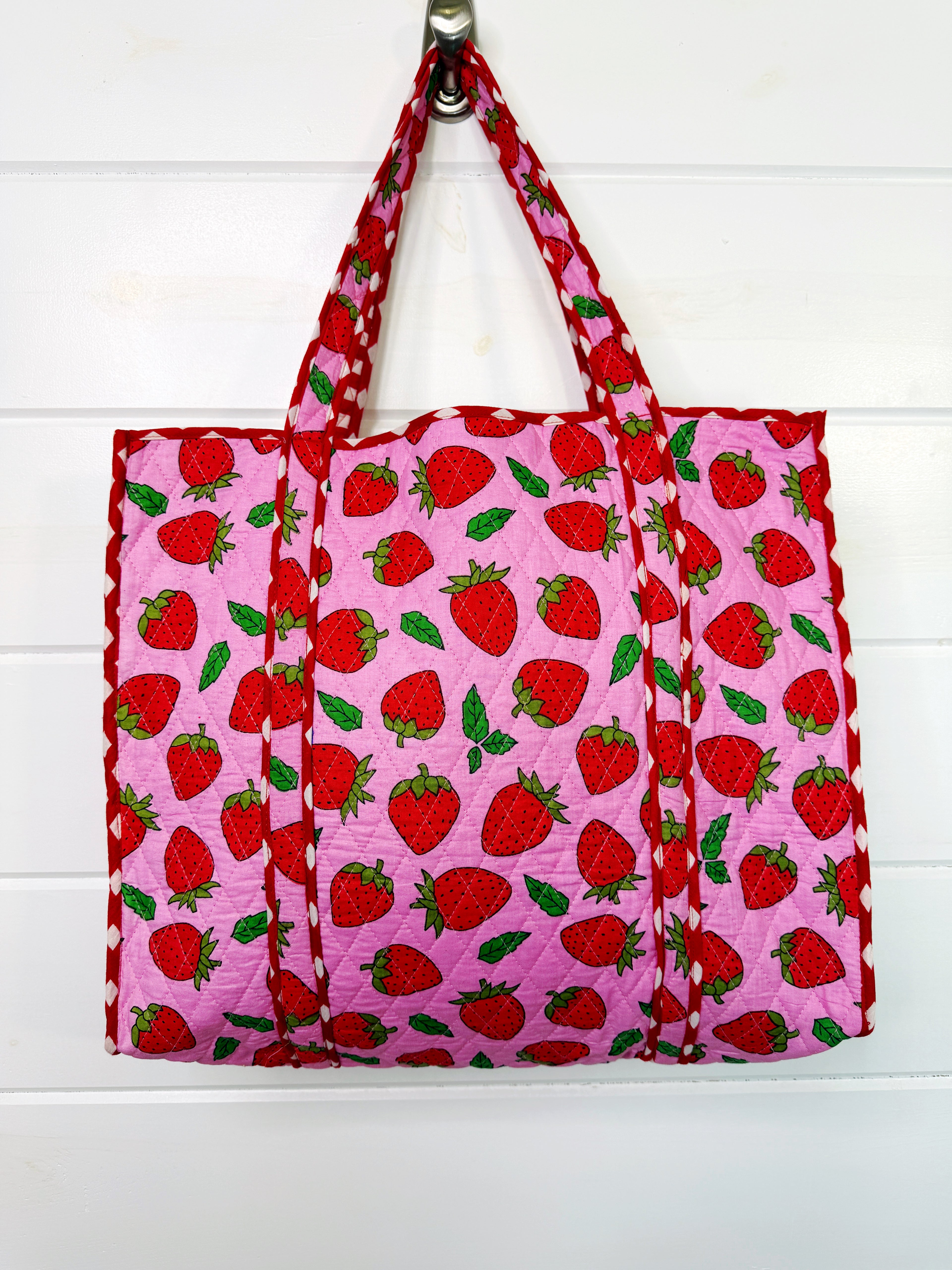 Quilted Cotton Reversible Large Tote Bag - Light Pink Strawberry Print
