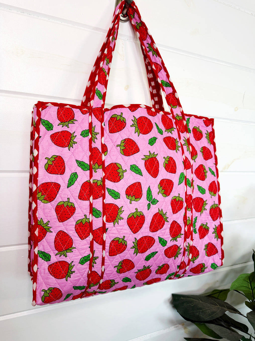 Quilted Cotton Reversible Large Tote Bag - Light Pink Strawberry Print