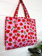 Quilted Cotton Reversible Large Tote Bag - Light Pink Strawberry Print