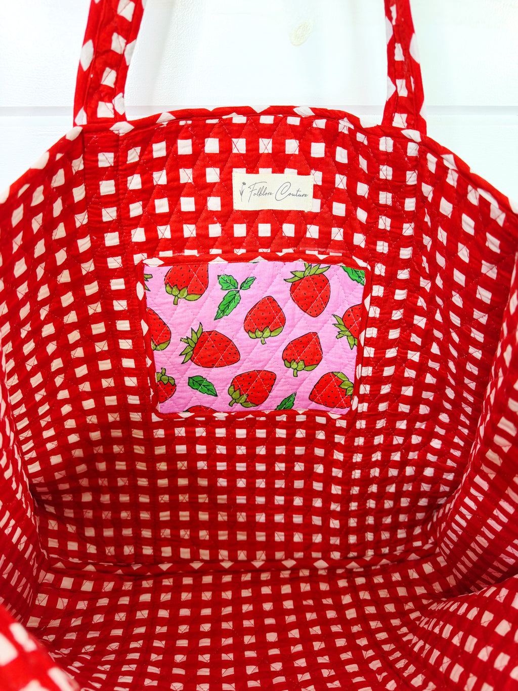 Quilted Cotton Reversible Large Tote Bag - Light Pink Strawberry Print