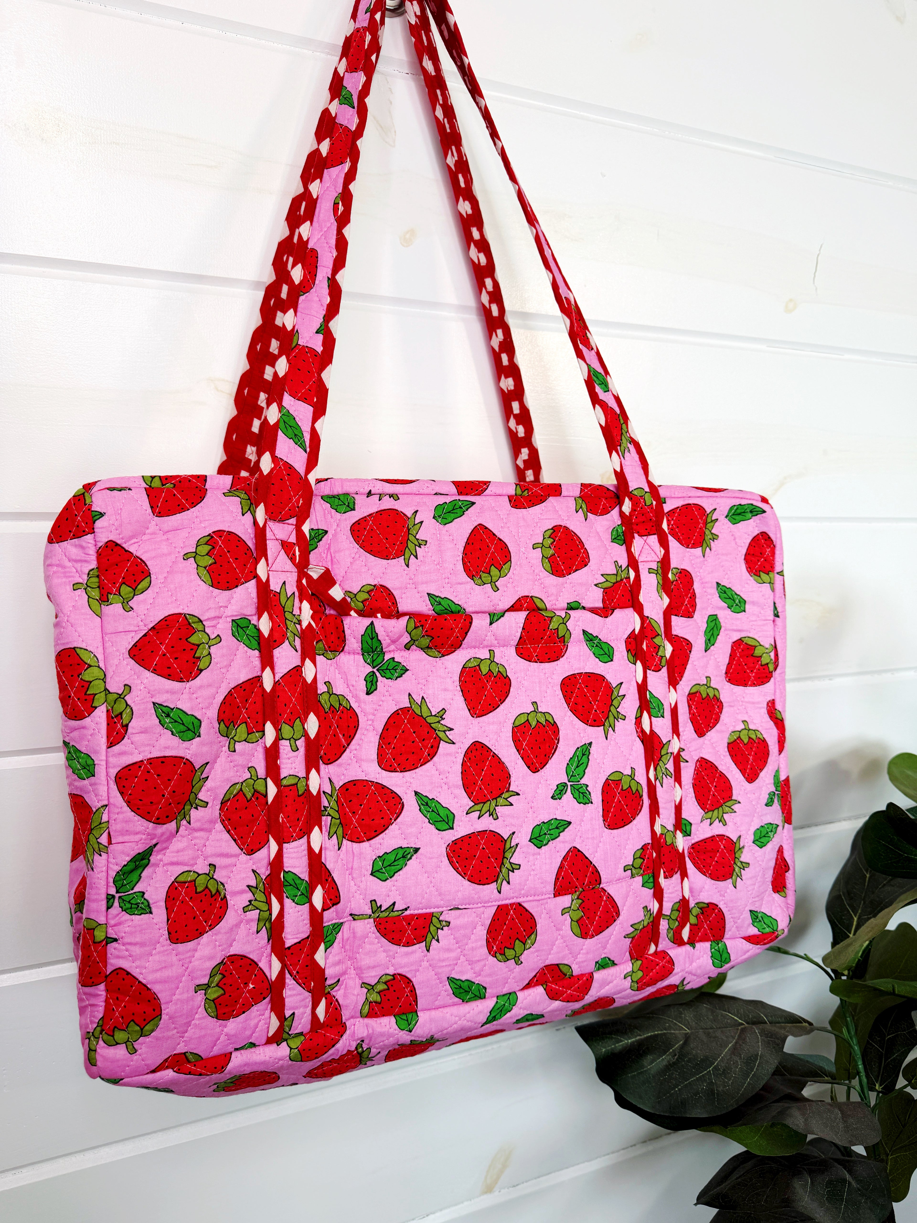 Quilted Weekender Duffle Overnight Bag - Light Pink Strawberry Print