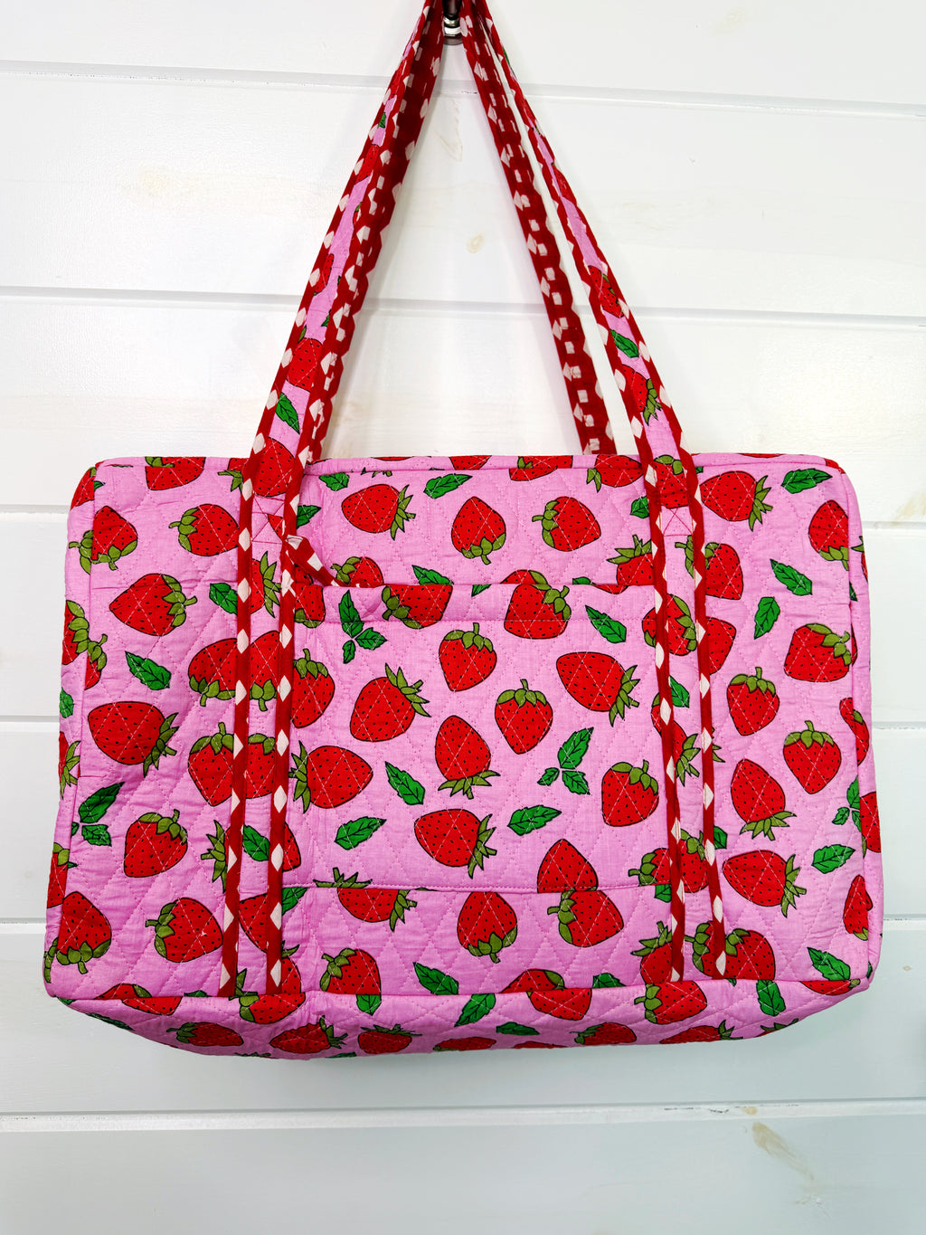 Quilted Weekender Duffle Overnight Bag - Light Pink Strawberry Print