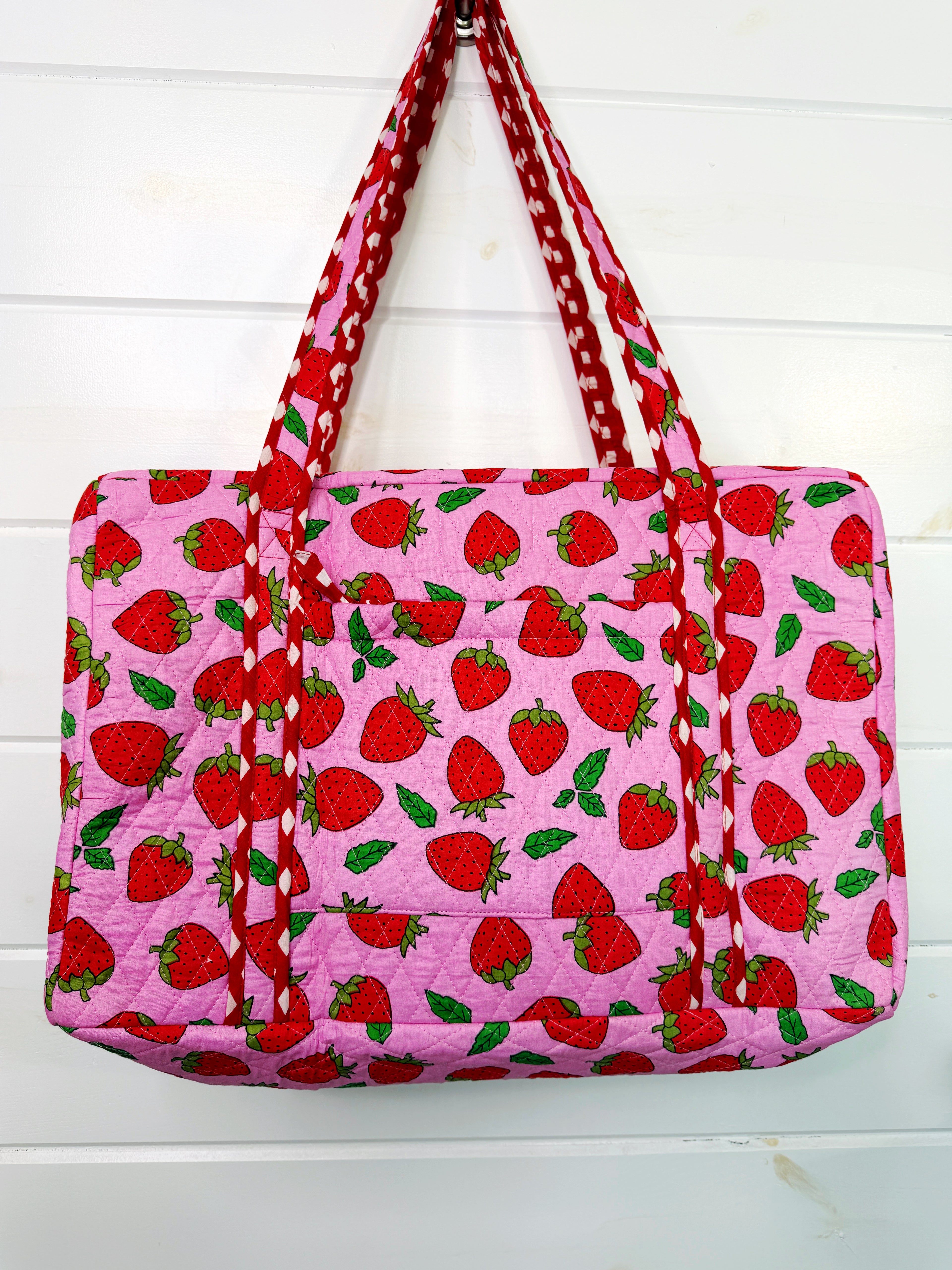 Quilted Weekender Duffle Overnight Bag - Light Pink Strawberry Print