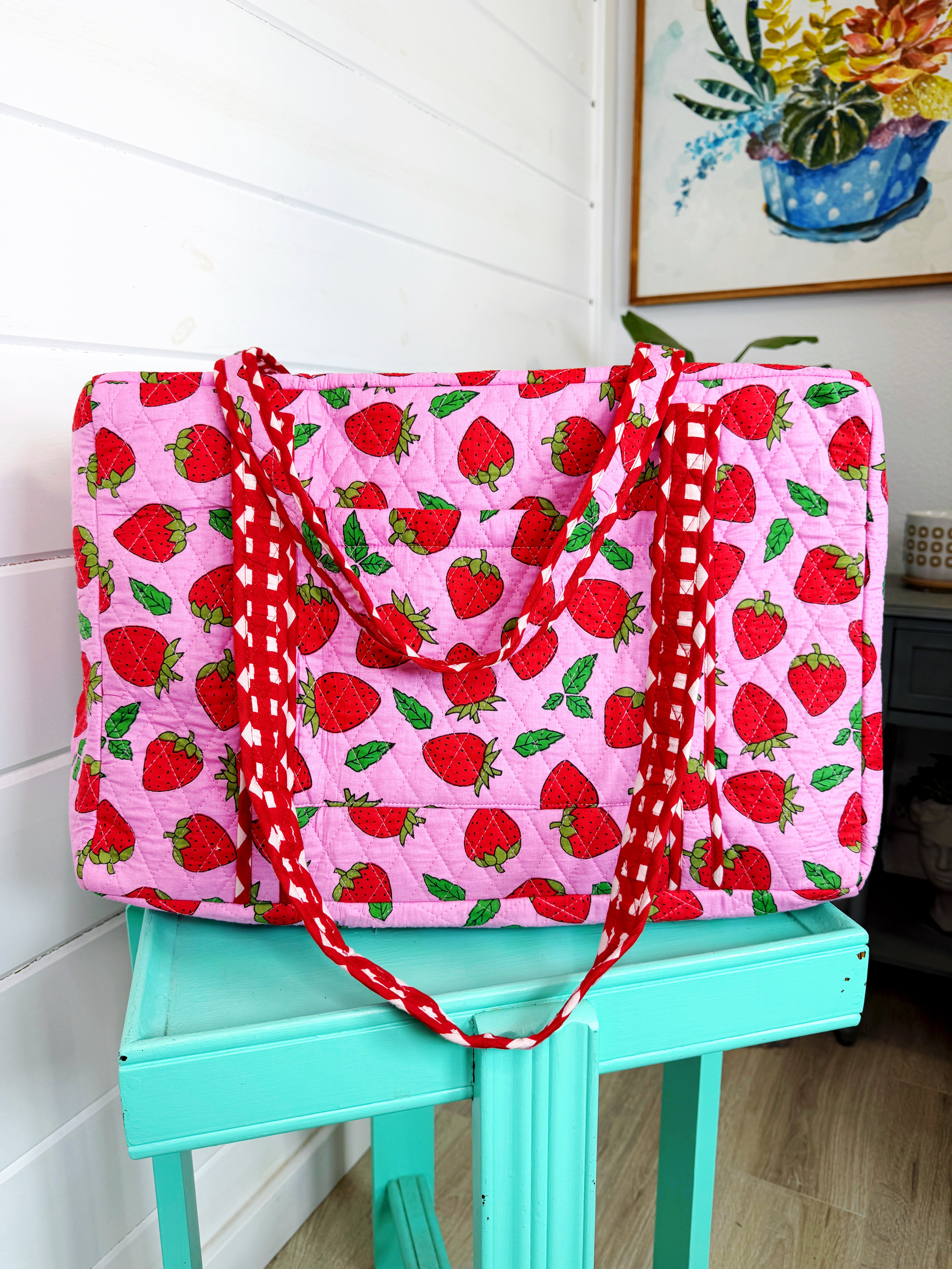 Quilted Weekender Duffle Overnight Bag - Light Pink Strawberry Print