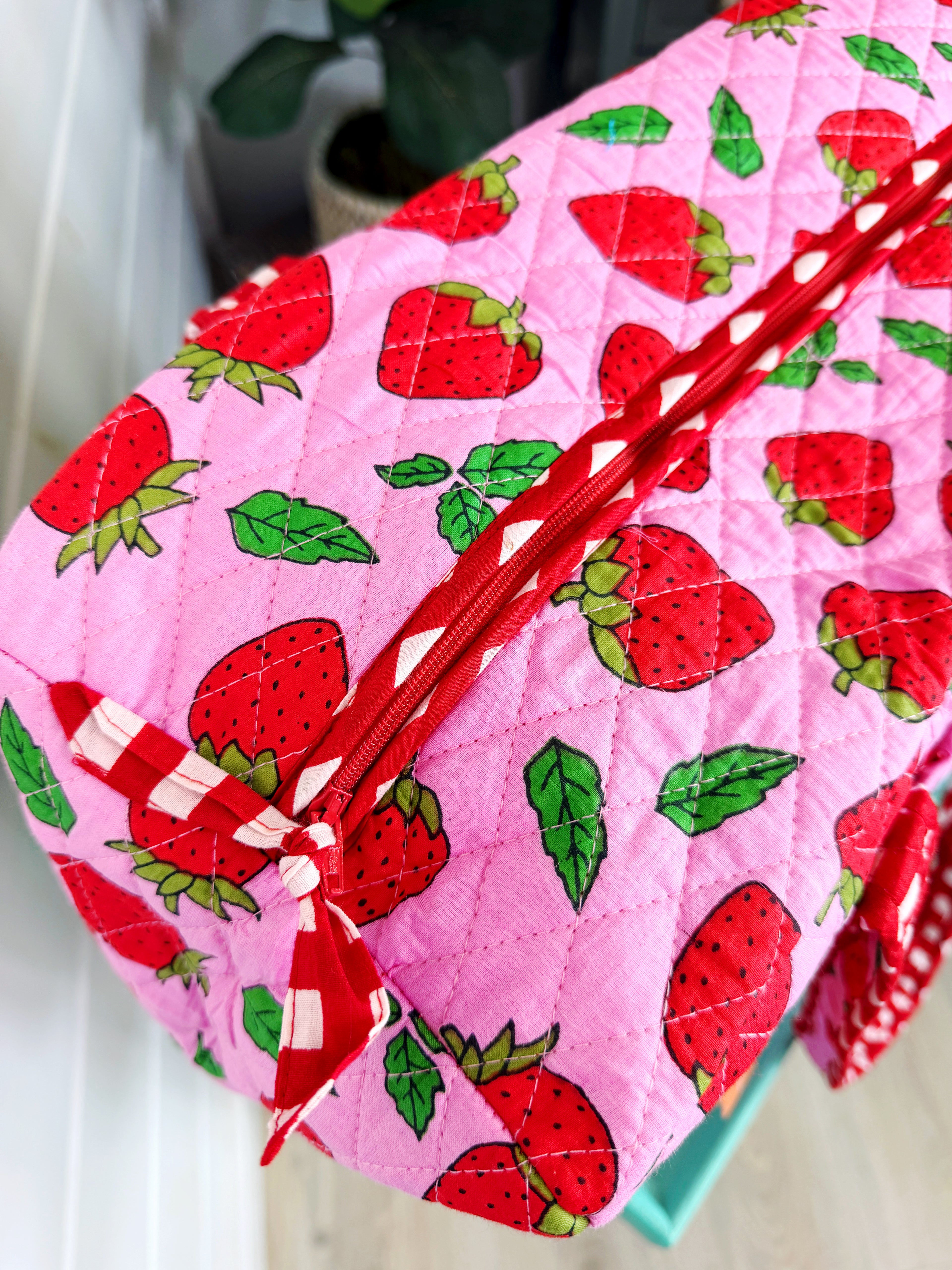 Quilted Weekender Duffle Overnight Bag - Light Pink Strawberry Print