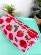 Quilted Makeup Cosmetics Toiletry Bag - Light Pink Strawberry