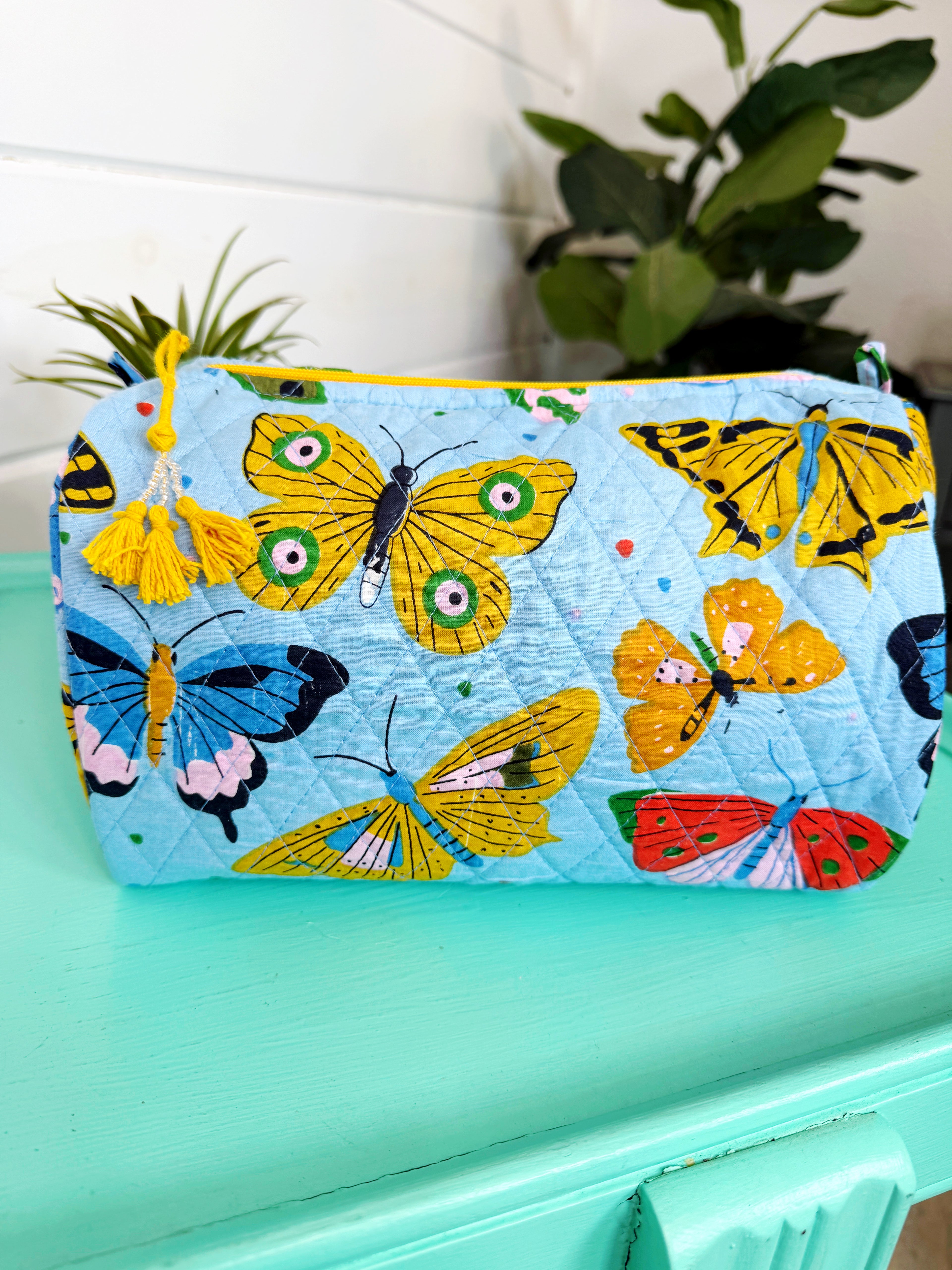 Quilted Makeup Cosmetics Toiletry Bag - Blue Butterfly Print