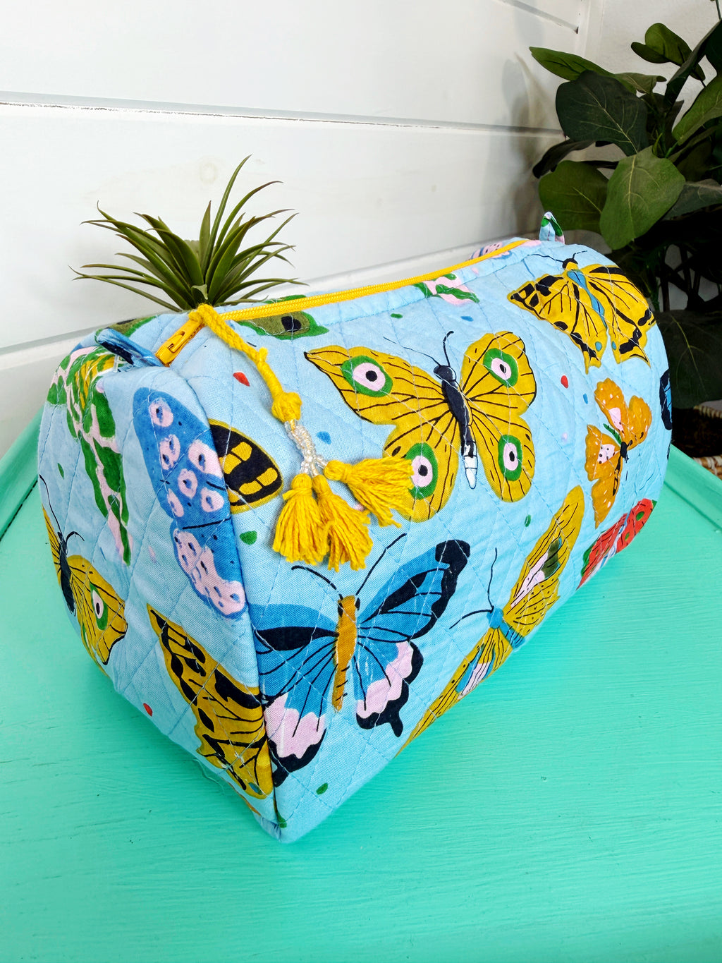 Quilted Makeup Cosmetics Toiletry Bag - Blue Butterfly Print