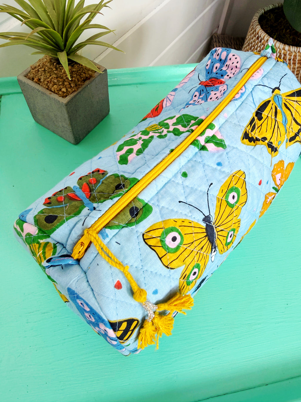 Quilted Makeup Cosmetics Toiletry Bag - Blue Butterfly Print