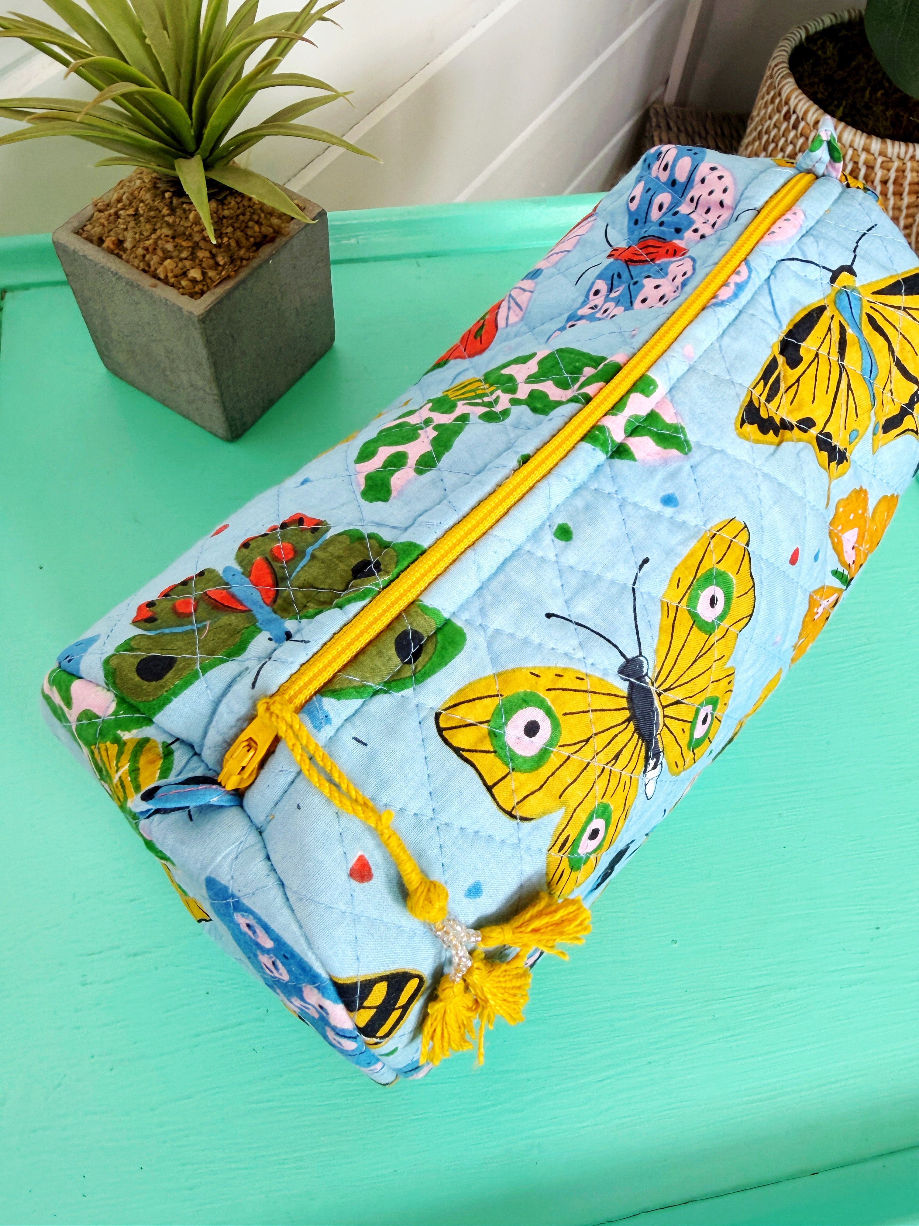 Quilted Makeup Cosmetics Toiletry Bag - Blue Butterfly Print
