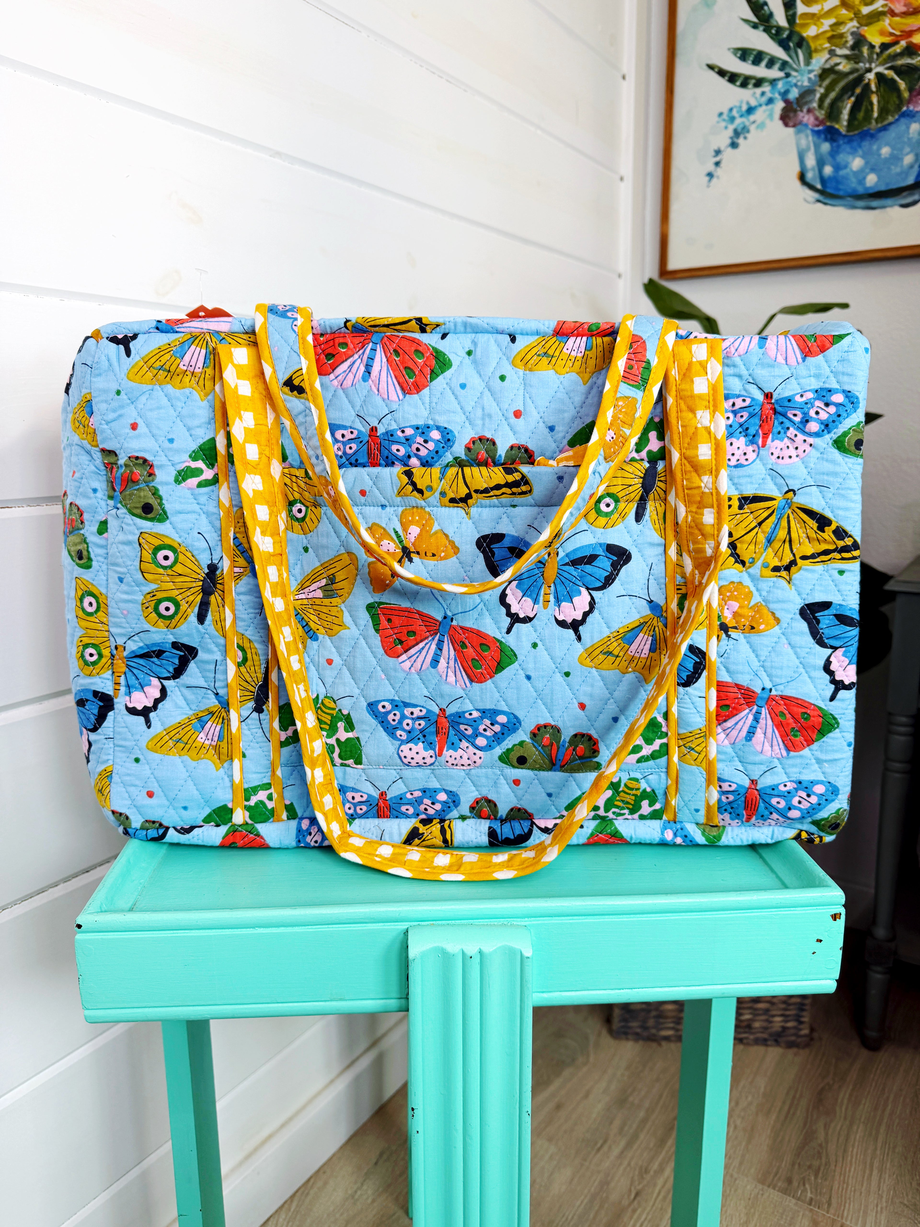 Quilted Overnight Bag - Blue Butterfly Print