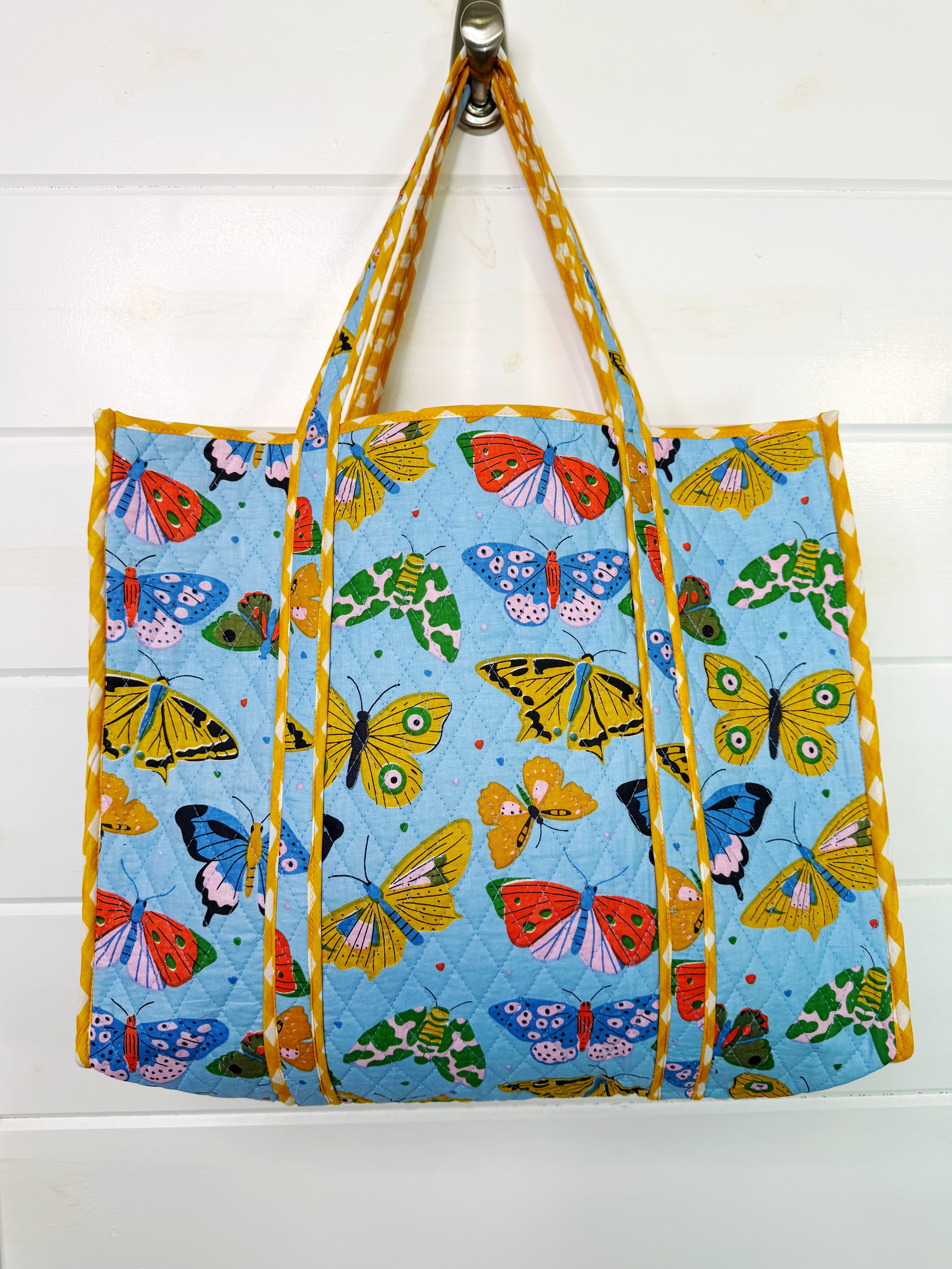 Large Quilted Travel Tote Bag - Blue Butterfly Print