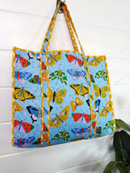 Large Quilted Travel Tote Bag - Blue Butterfly Print