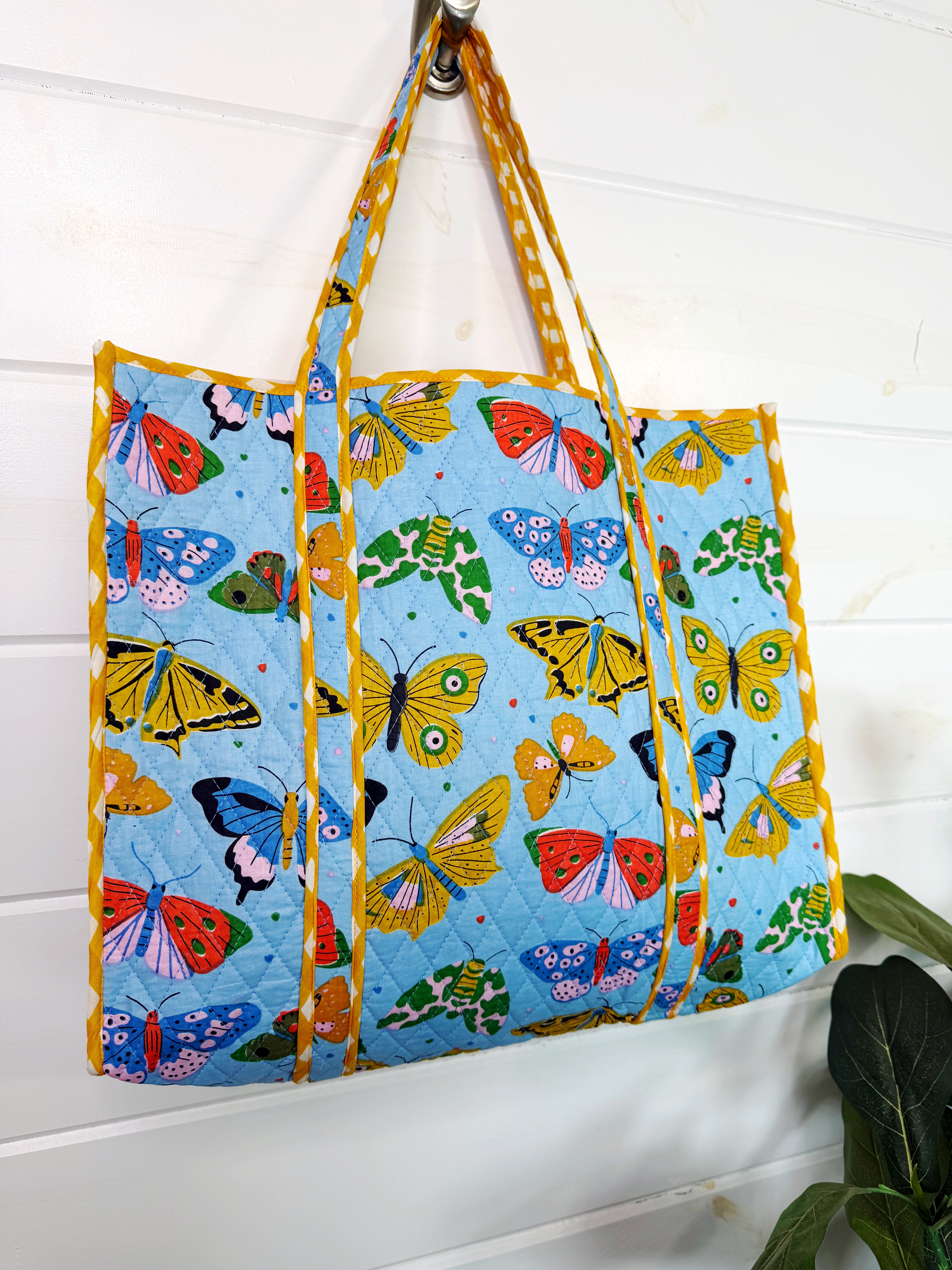 Large Quilted Travel Tote Bag - Blue Butterfly Print
