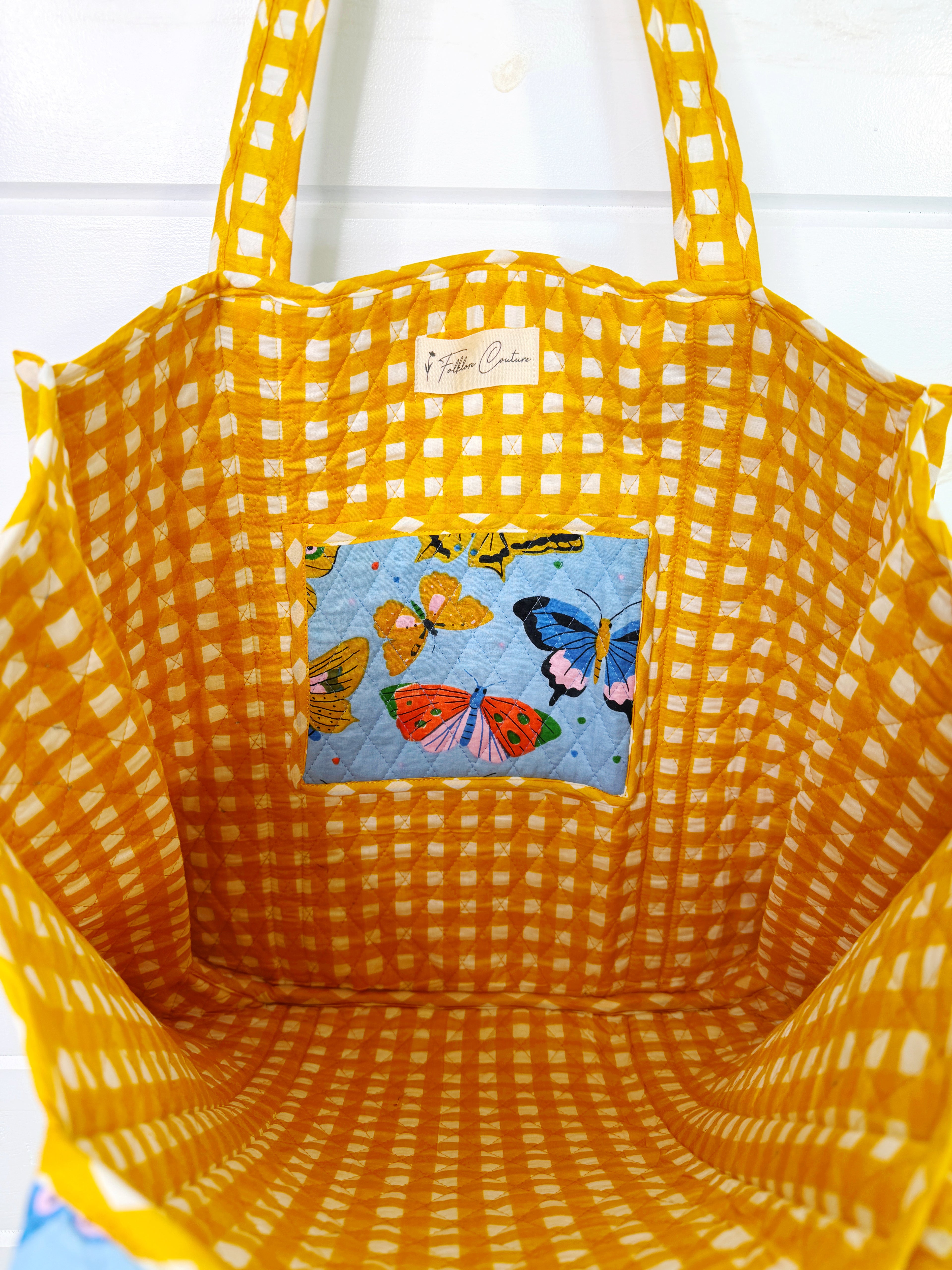 Large Quilted Travel Tote Bag - Blue Butterfly Print